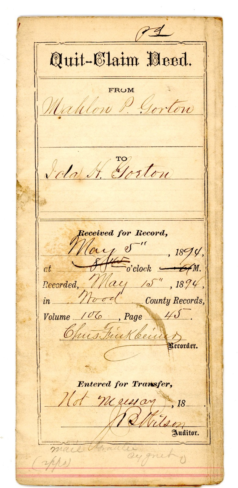 1894 Ohio Quit-Claim Deed – Mahlon P. Gorton to Ida H. Gorton, Portage County