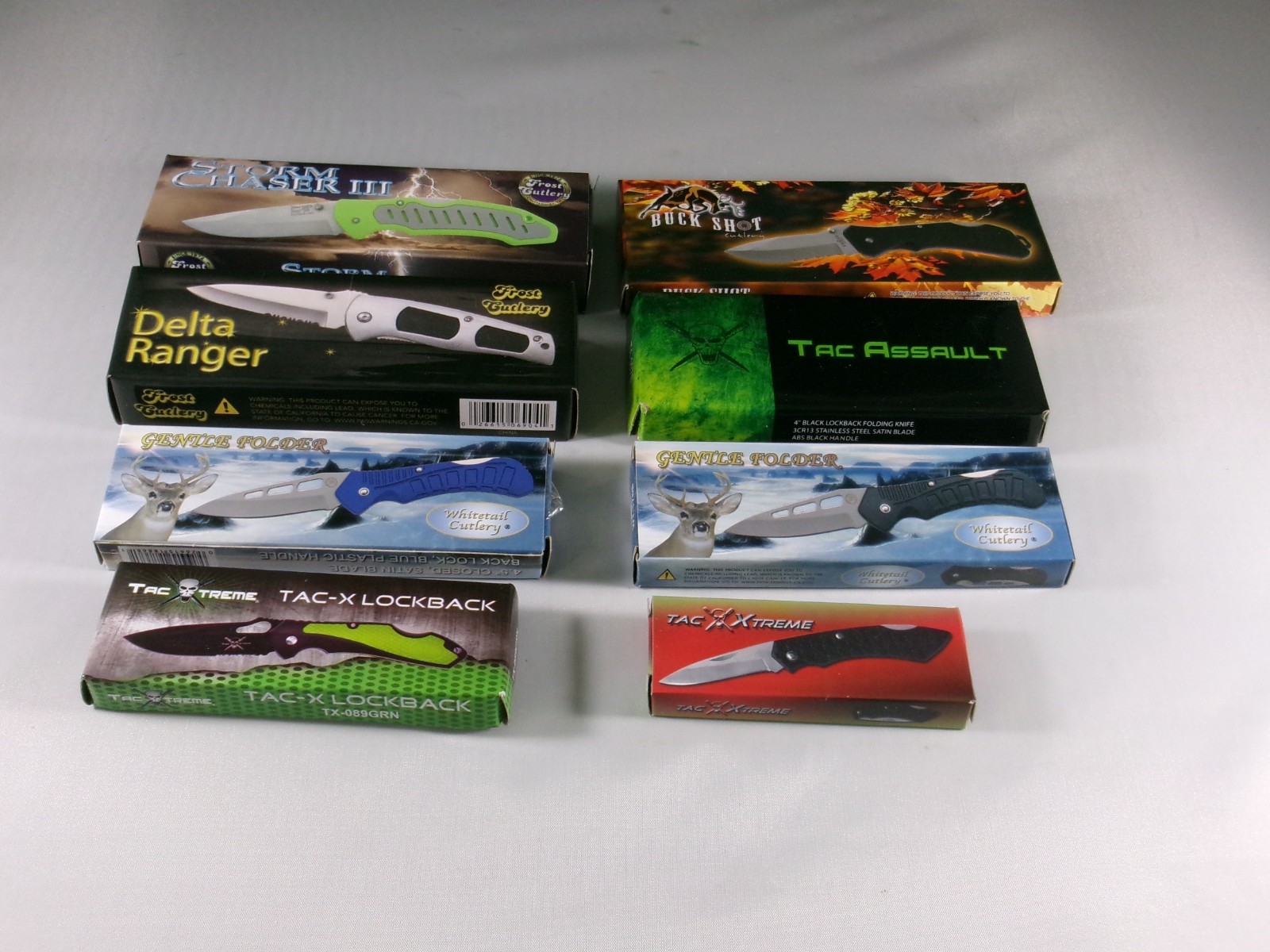 FROST CUTLERY FOLDING KNIFE LOT (8) NIB - CRISP ACTIONS, STAINLESS STEEL BLADES