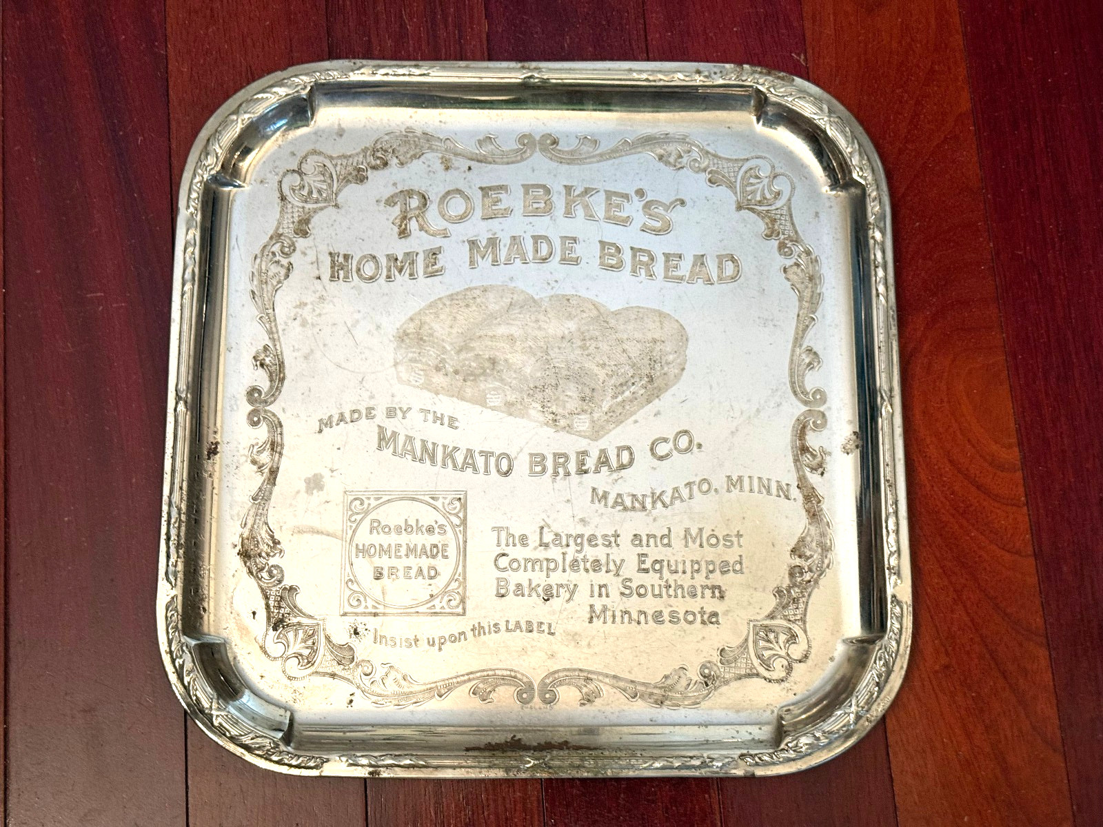 EXTREAMLY RARE 1910. ROEBKER'S BREAD METAL ETCHED ADVERTISING TRAY. MANKATO,MN. 