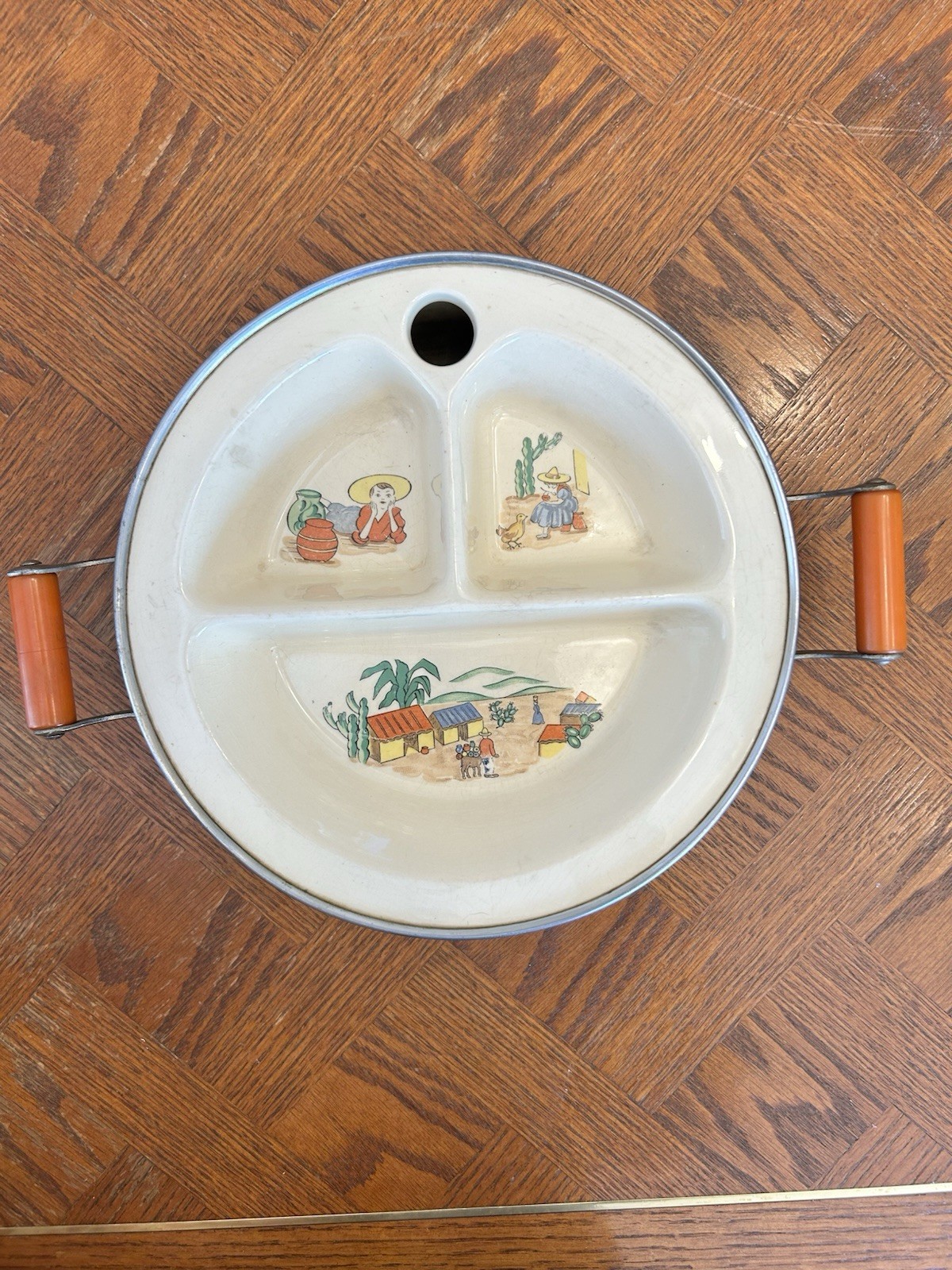 Vintage Mid Century Child’s Divided Warming Plate - Mexican Village Scene