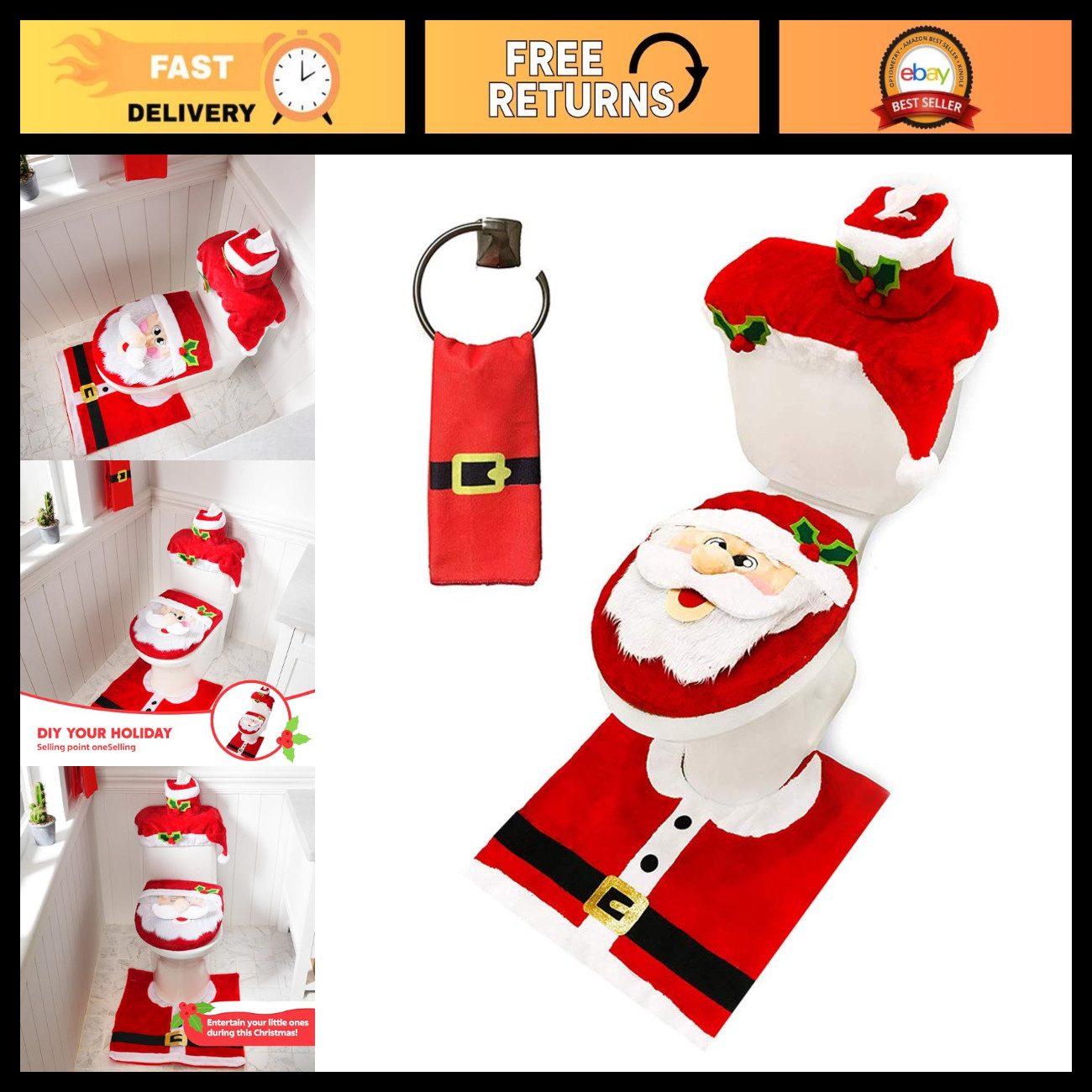 JOYIN 5 Pieces Christmas Theme Bathroom Decoration Set w/ Toilet Seat Cover, Rug