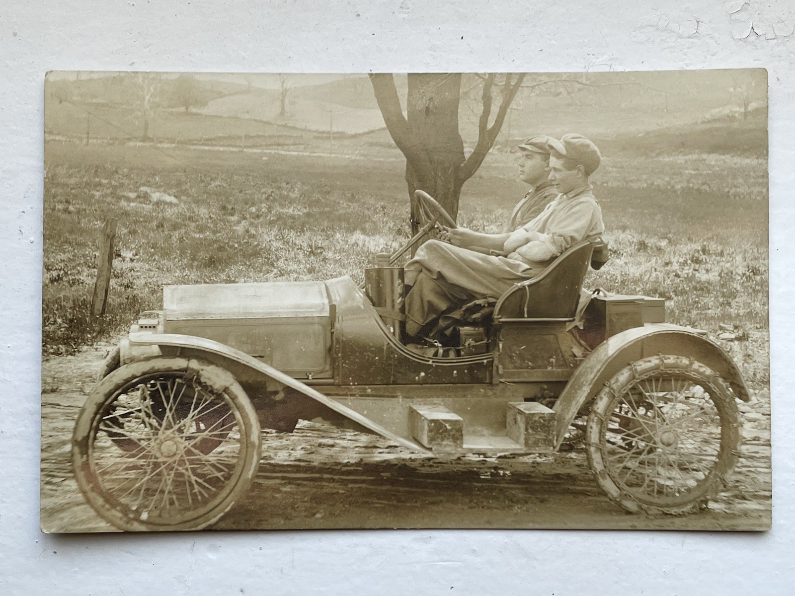 Antique RPPC Early Speedster Race Car Photo Postcard Wire Wheels Tire Chains AZO