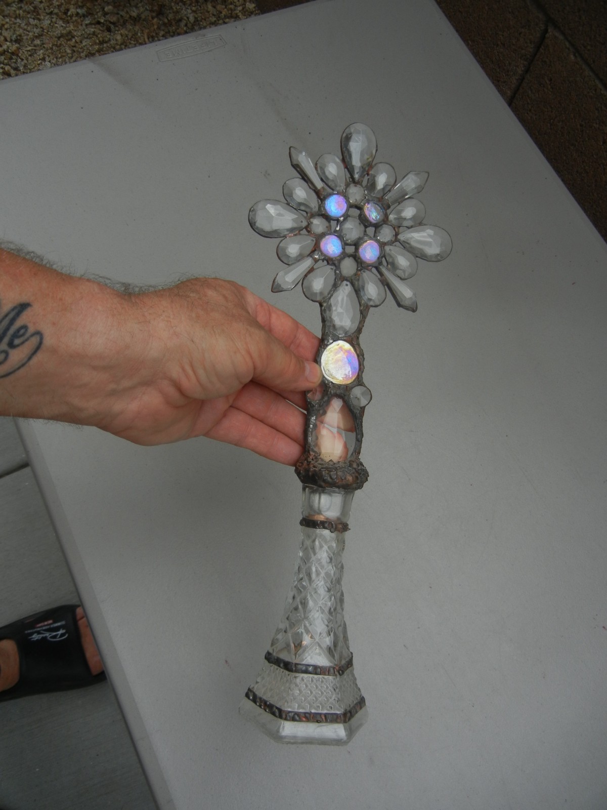 Decorative handmade antique cross Crystal Re-Purposed Antique Glass Bottle - 15