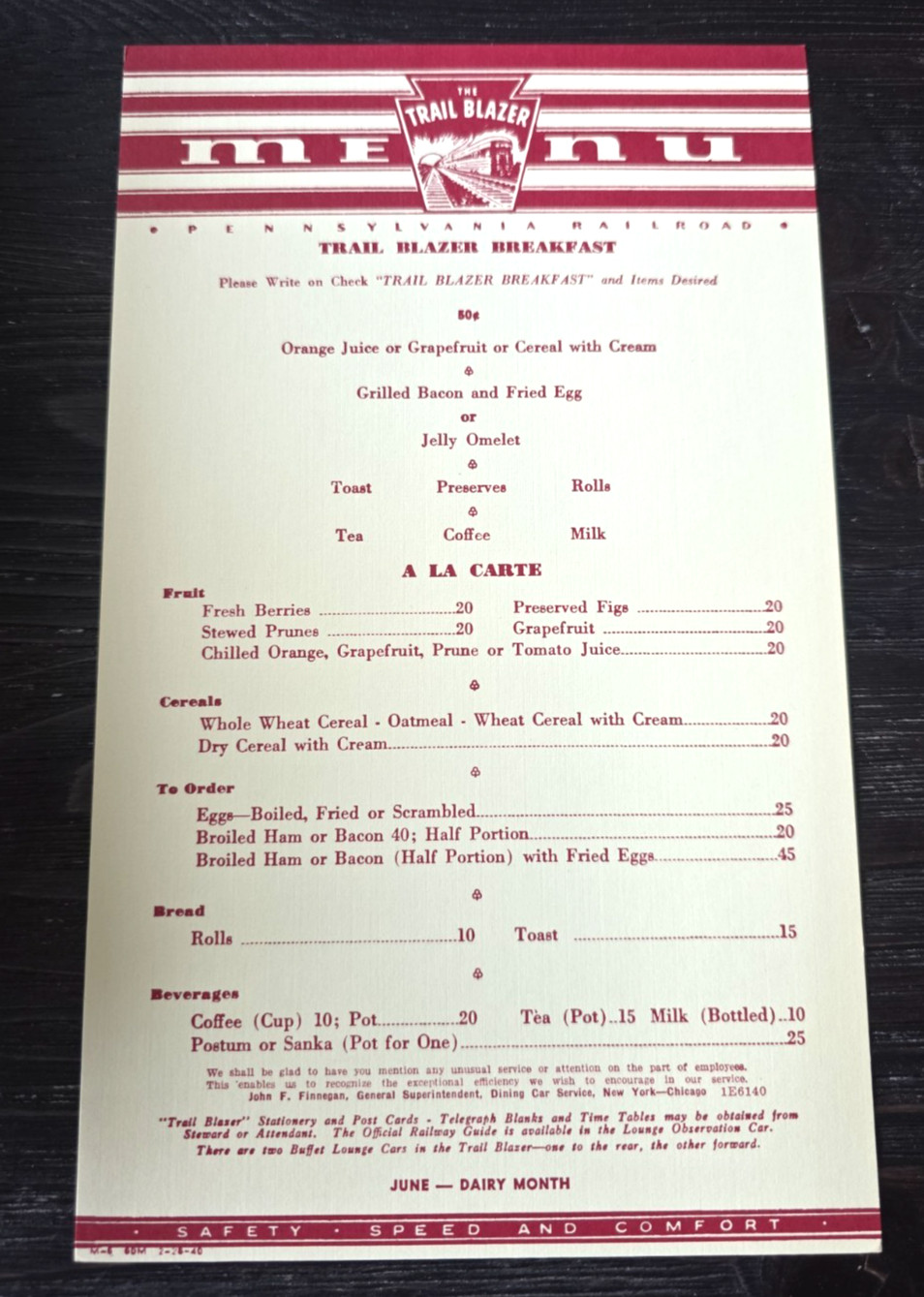 Original 1940 Pennsylvania Railroad PRR Trail Blazer Breakfast Menu Dining Car