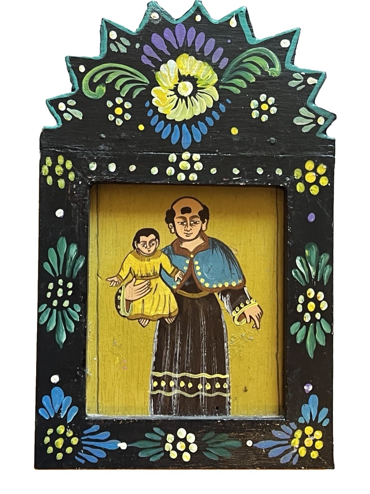 VTG Mexican Folk Art Wooden Shrine Retablo Saint Anthony Jesus Child Painting