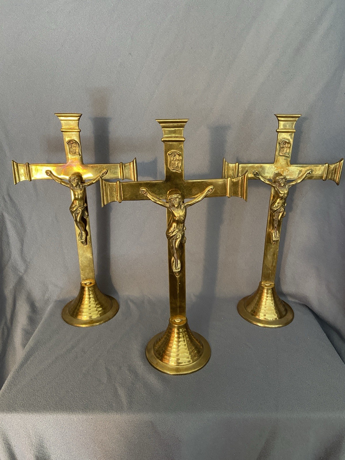 LOT OF 3 Vintage Large Standing Brass Altar Pedastel Crucifix INRI Scroll