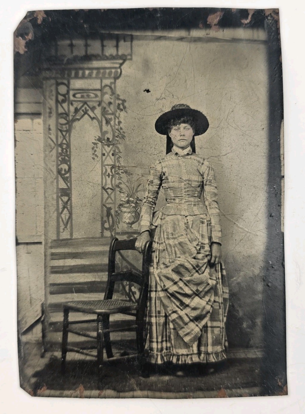 Antique Tintype Photo Pretty Victorian Girl Young Lady Pattern Dress Hat