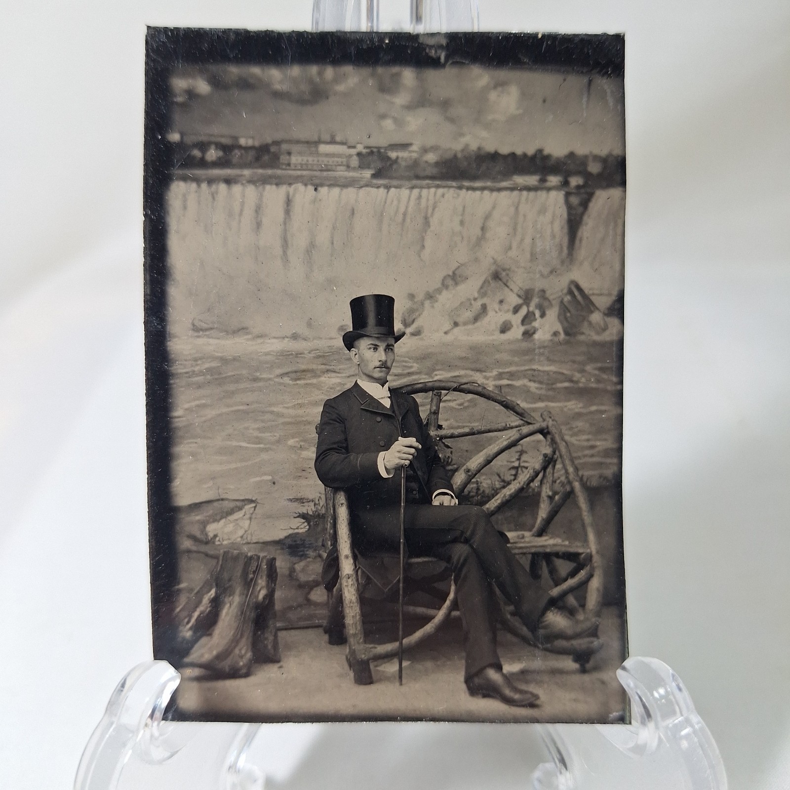 Antique 1880s Tintype Photo Dapper Man Silk Top Hat Cane Niagara Falls Backdrop