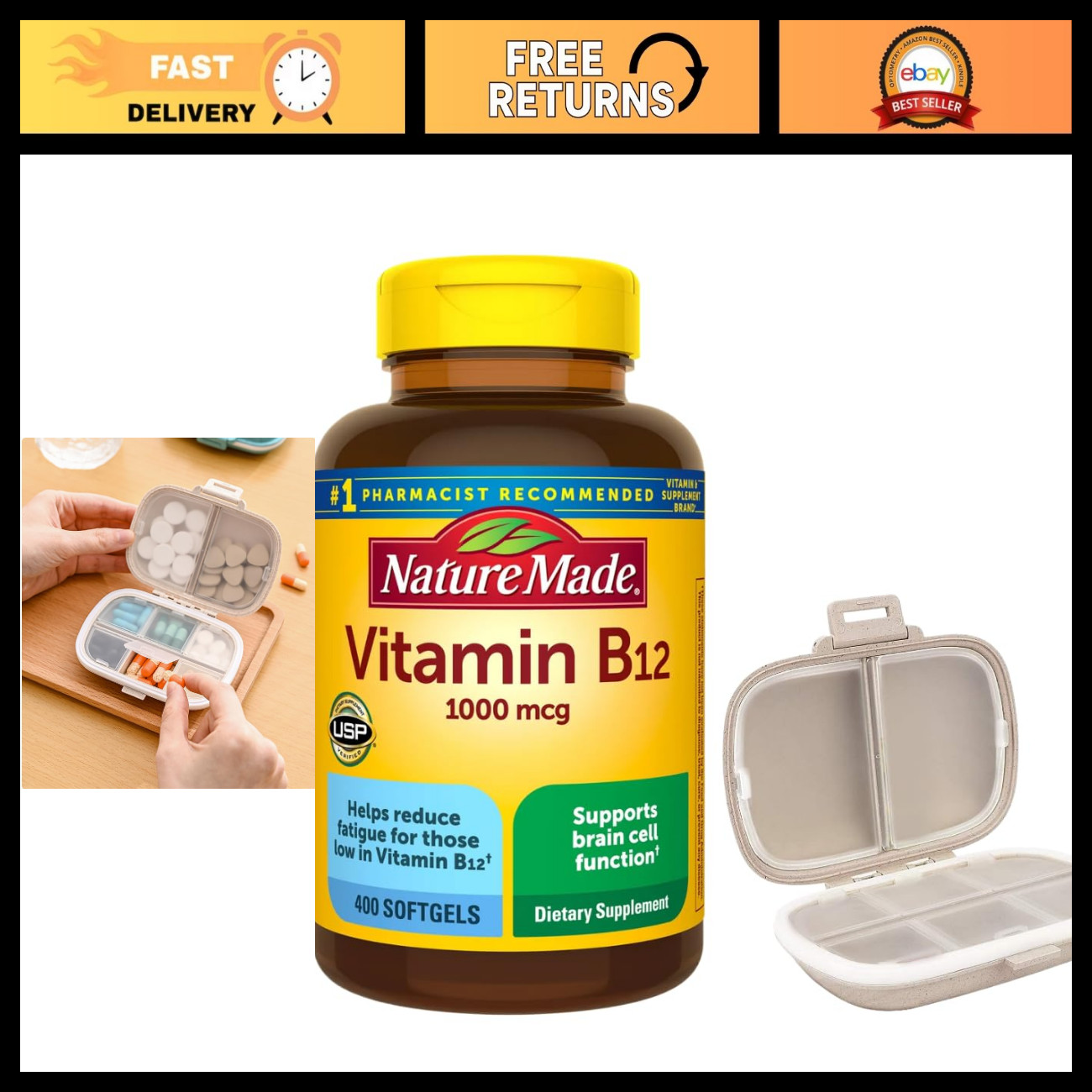 Nature Made Vitamin B12 1000 mcg., 400 Softgels Bundle with a Pill Oragnizer (2