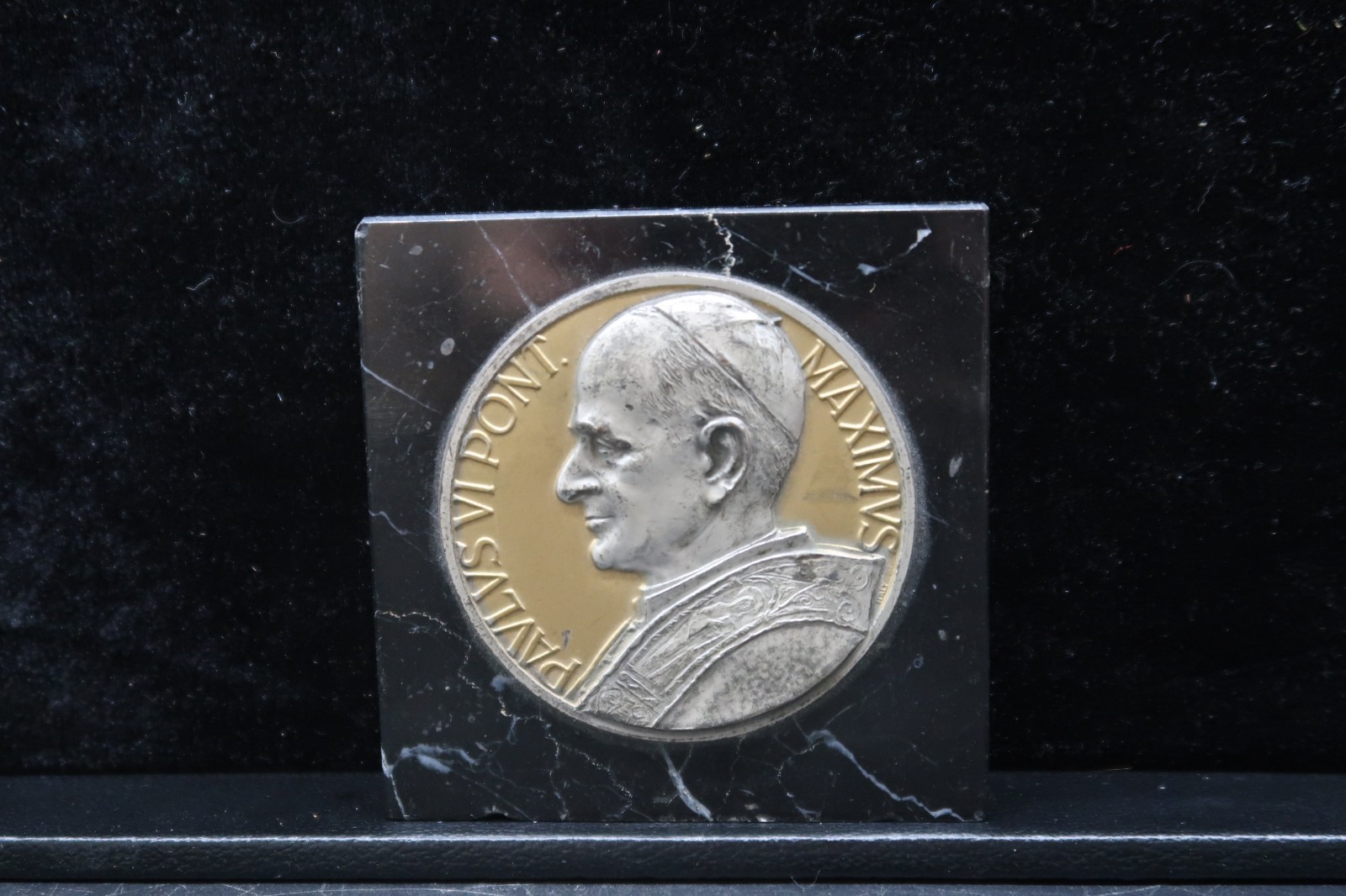 Vtg Pope Paul VI Belgian Black Marble Desk Paperweight Plaque Catholic Souvenir