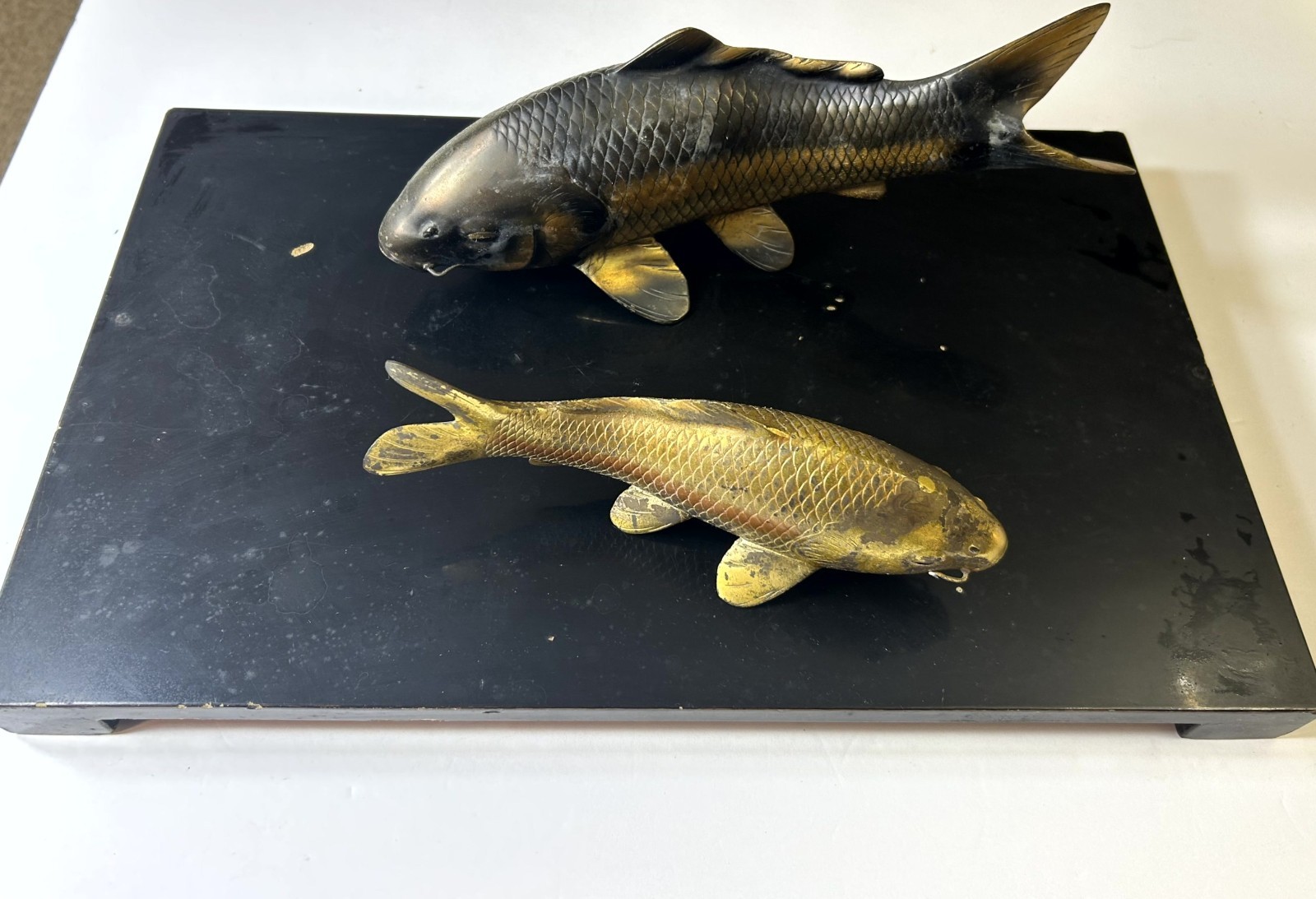 Vintage Japanese Signed Bronze Koi Carp Fish Pair Sculptures Wood Base 1960s