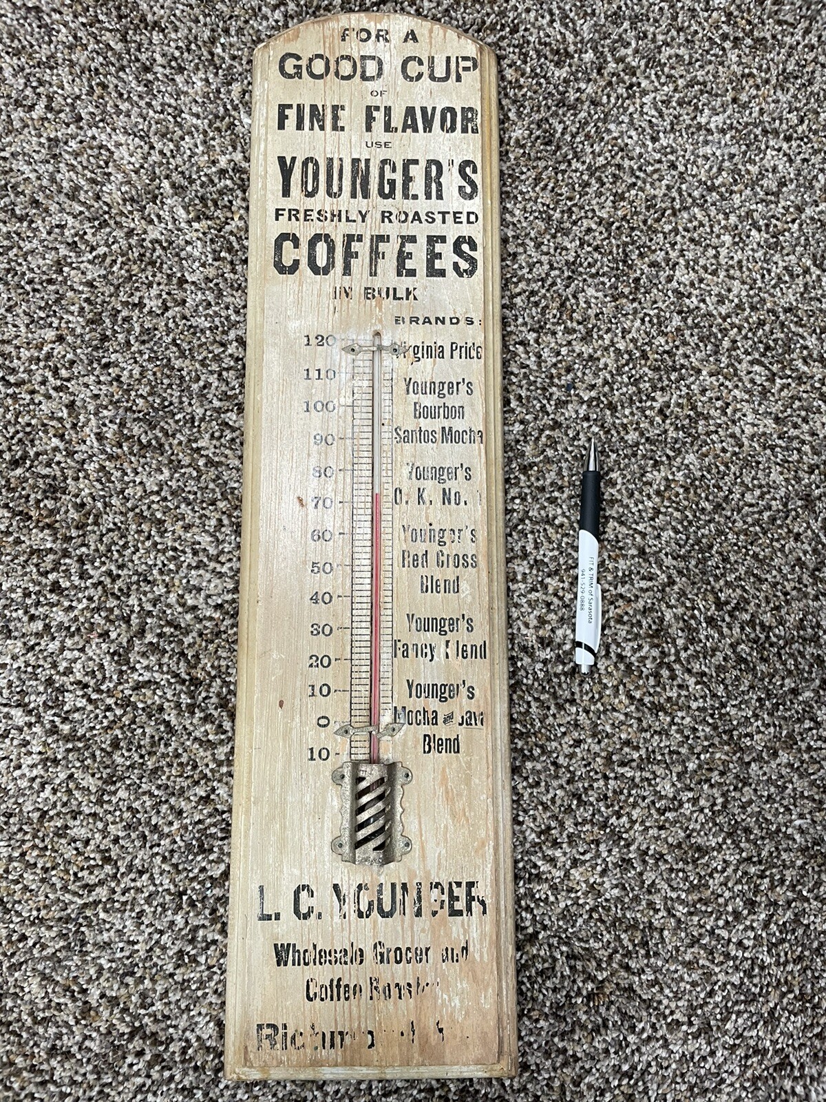 Vintage Coffee YOUNGERS Country Store Thermometer Original Wooden Rare 6x20”