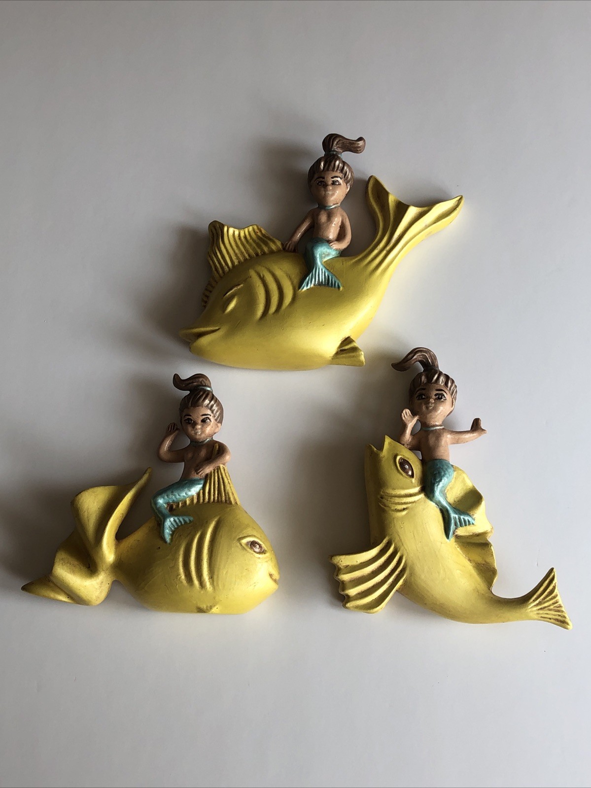 Vintage Arnels Mermaids Riding Fish Wall Plaques Hand Painted Complete Set of 3