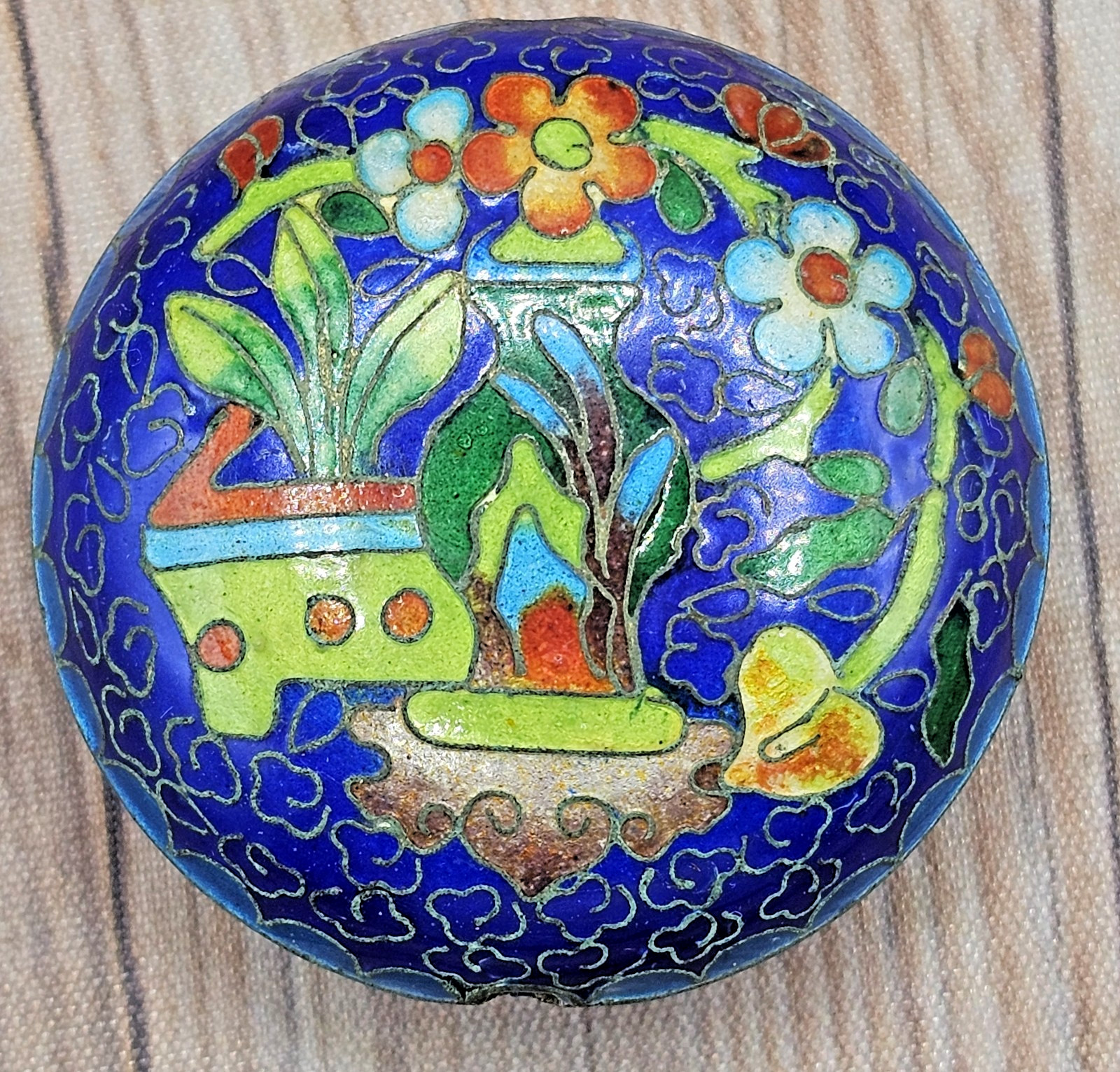 Cloisonne Floral Blue Orange Green Enamel Bead Pendant Round Double Side Vintage