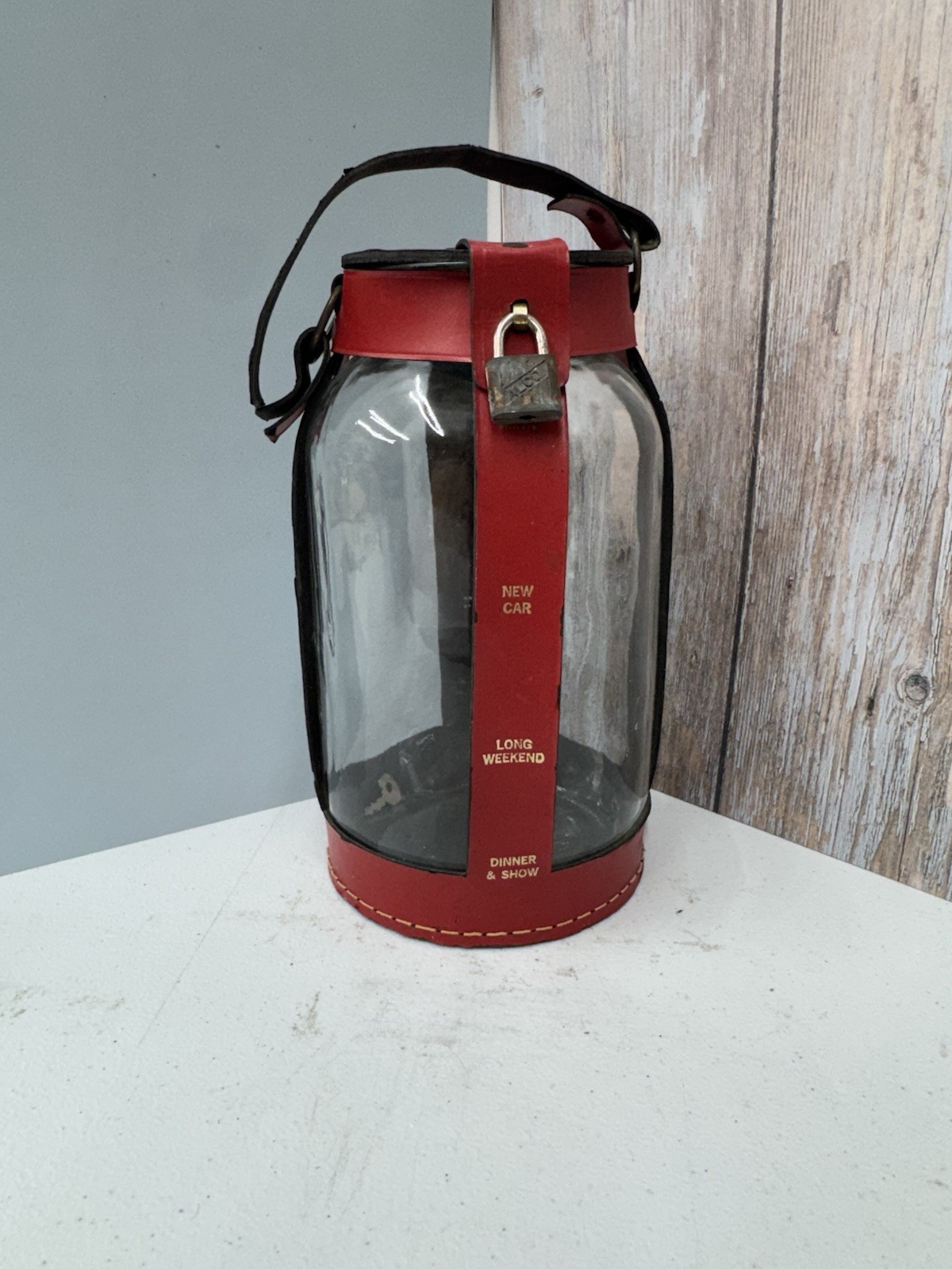 Large Vintage Glass Coin Bank Red Leather Savings Jar With Lock & Key Made USA