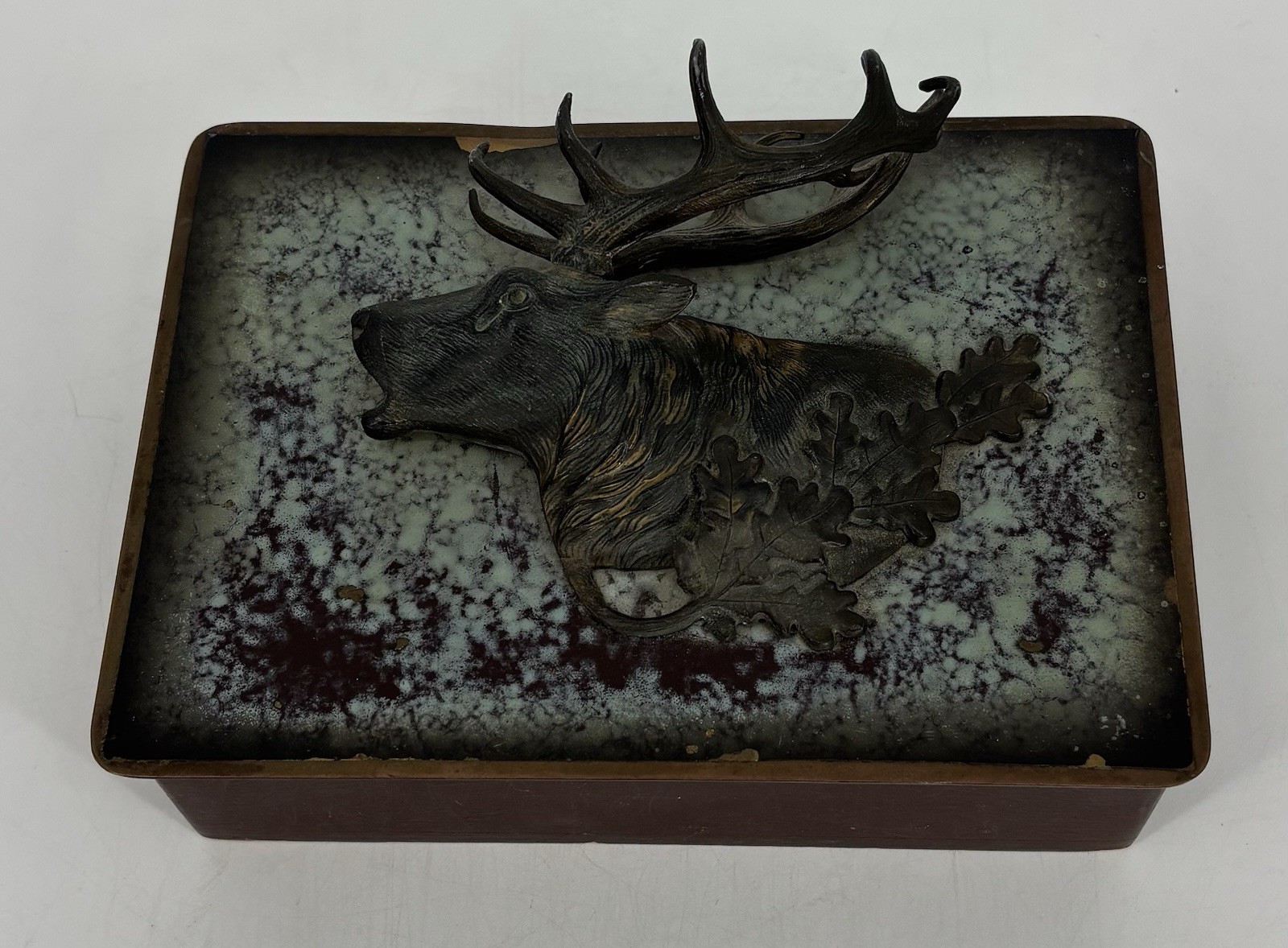 Vintage 1930s German Brass Stag Deer Wooden Cigar Tobacco Box Hunting Decor