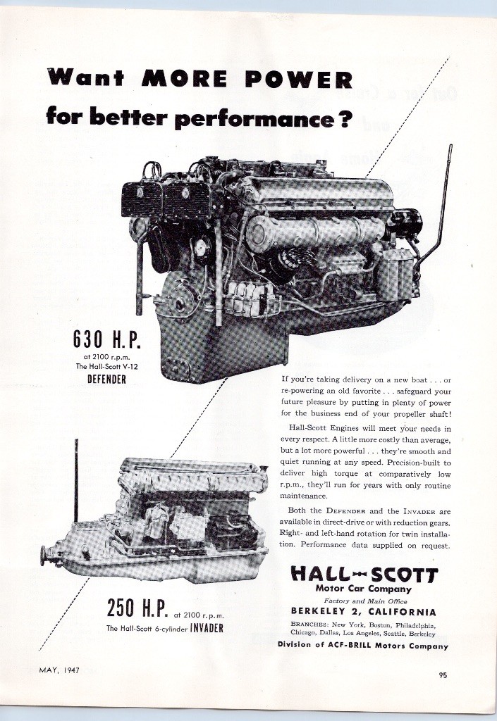 Hall-Scott Defender V-12 Invader Marine Boat Engine Berkeley CA 1947 Print Ad