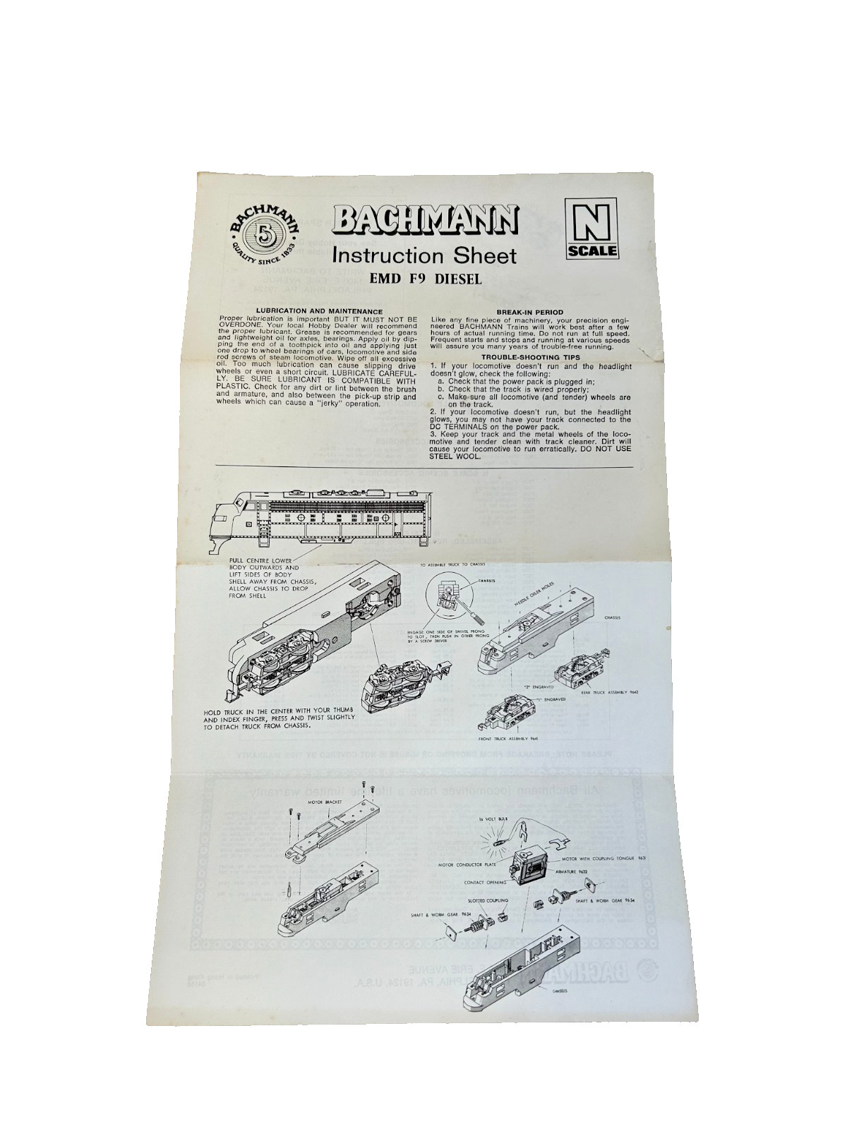 Vintage Bachmann N Scale EMD F9 Diesel Train Instruction Sheet