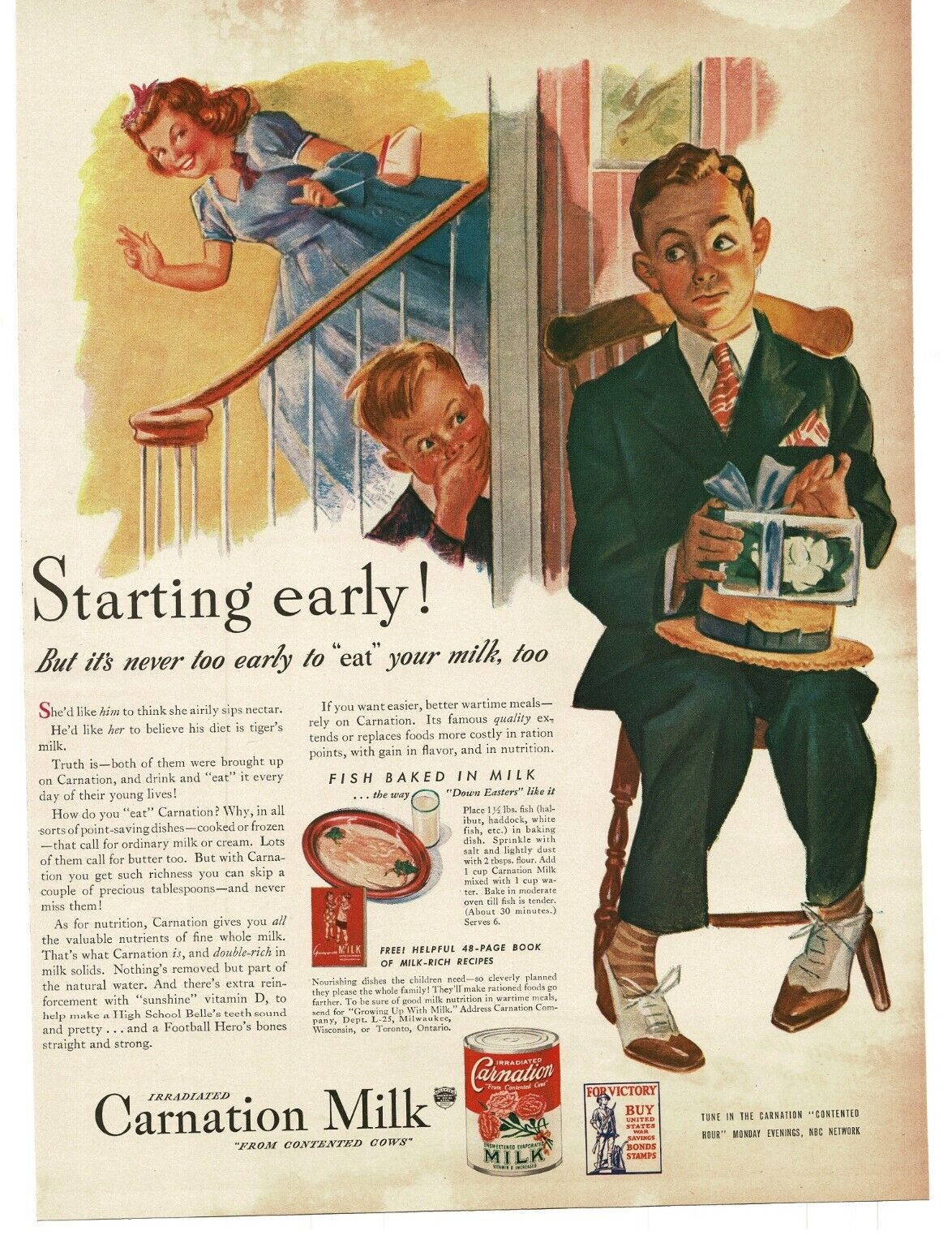 1943 Carnation Milk Boy waits for his date WWII Buy War Bonds Vintage Print Ad