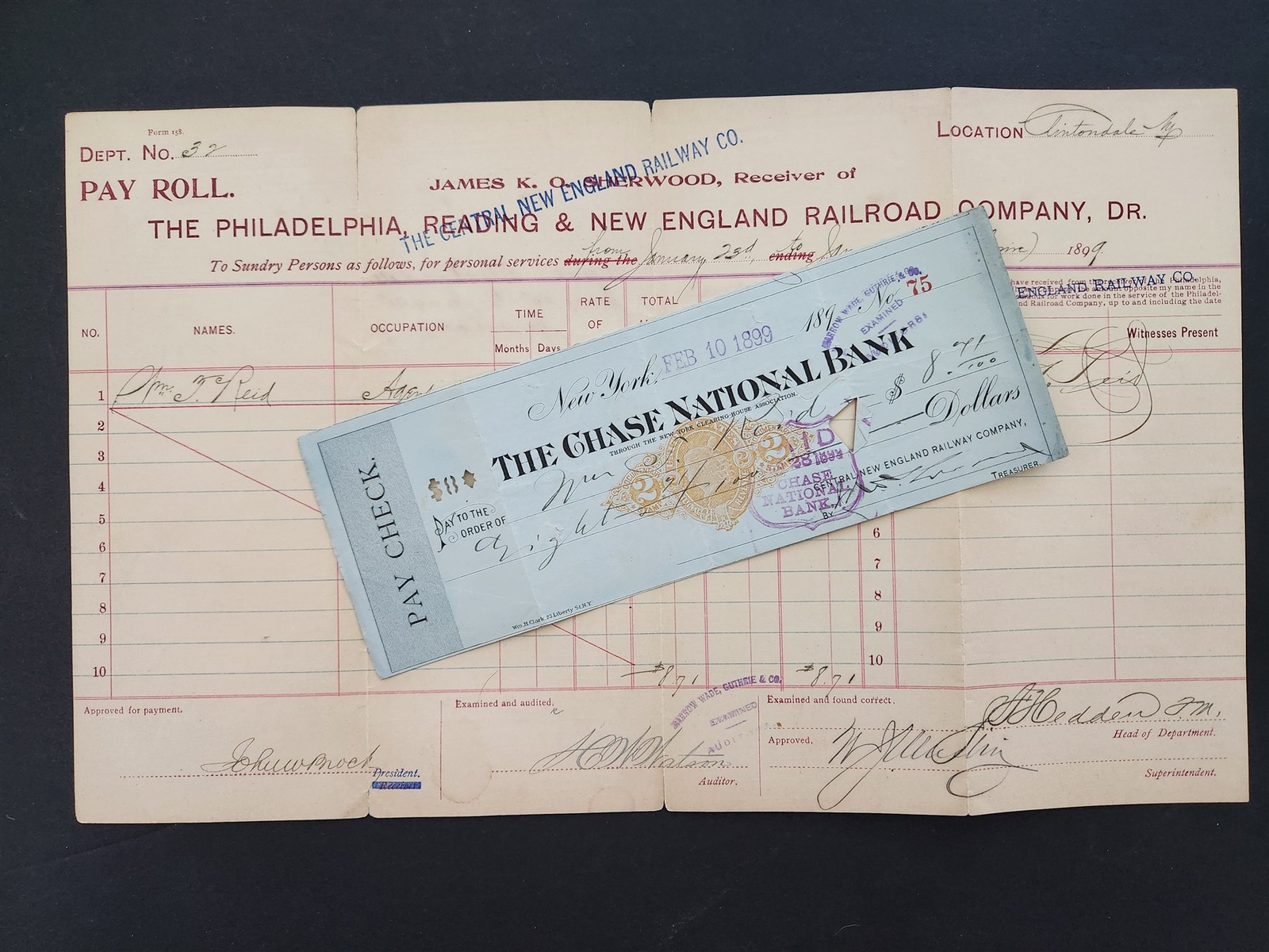 1899 antique PHILA READING & NEW ENGLAND RR Co PAY ROLL & CHECK ny Wm REID