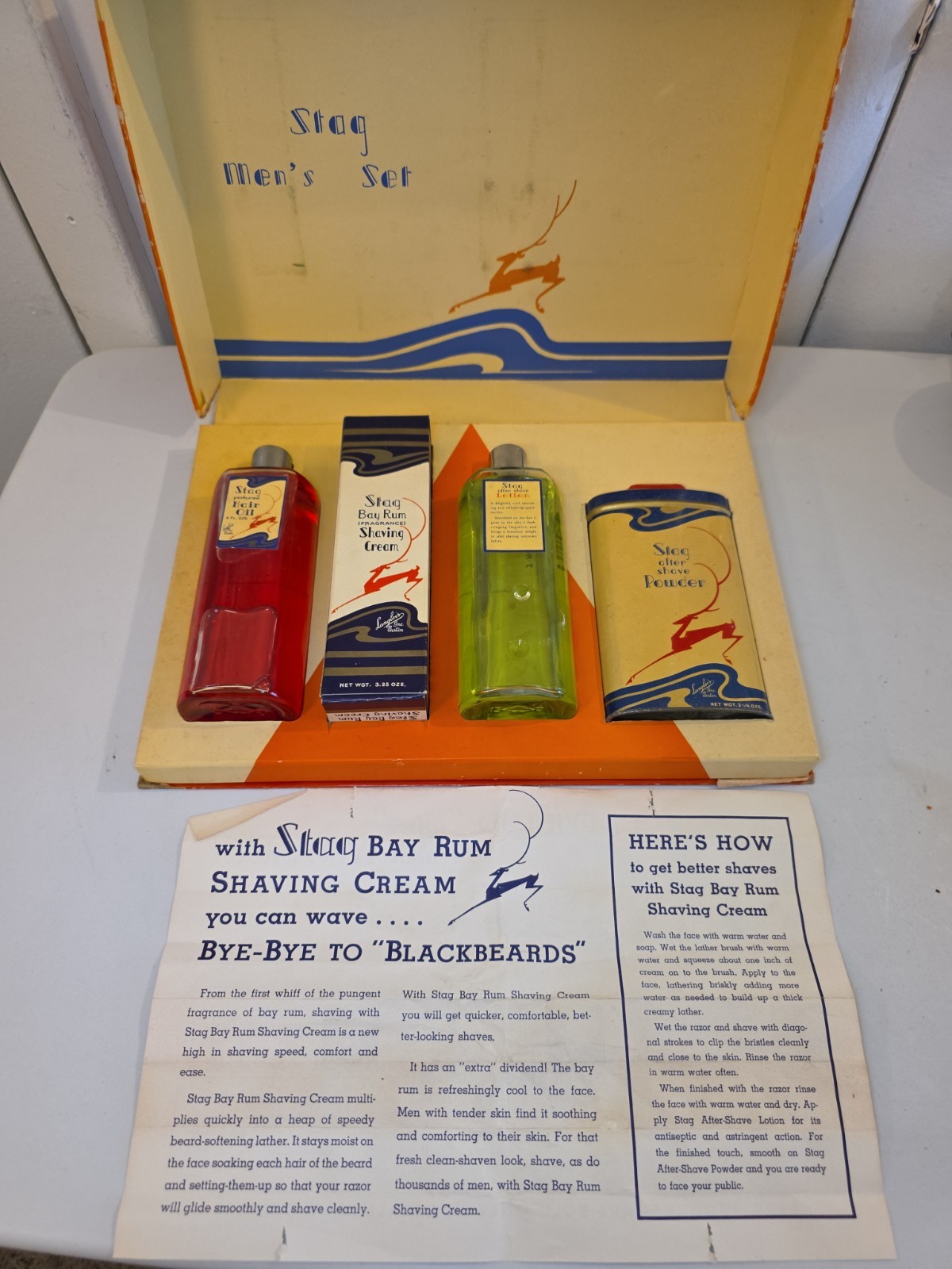 Vtg 40s 50s Stag Gift Box After Shave Powder Hair Oil Barber Shop Decor Rexall 