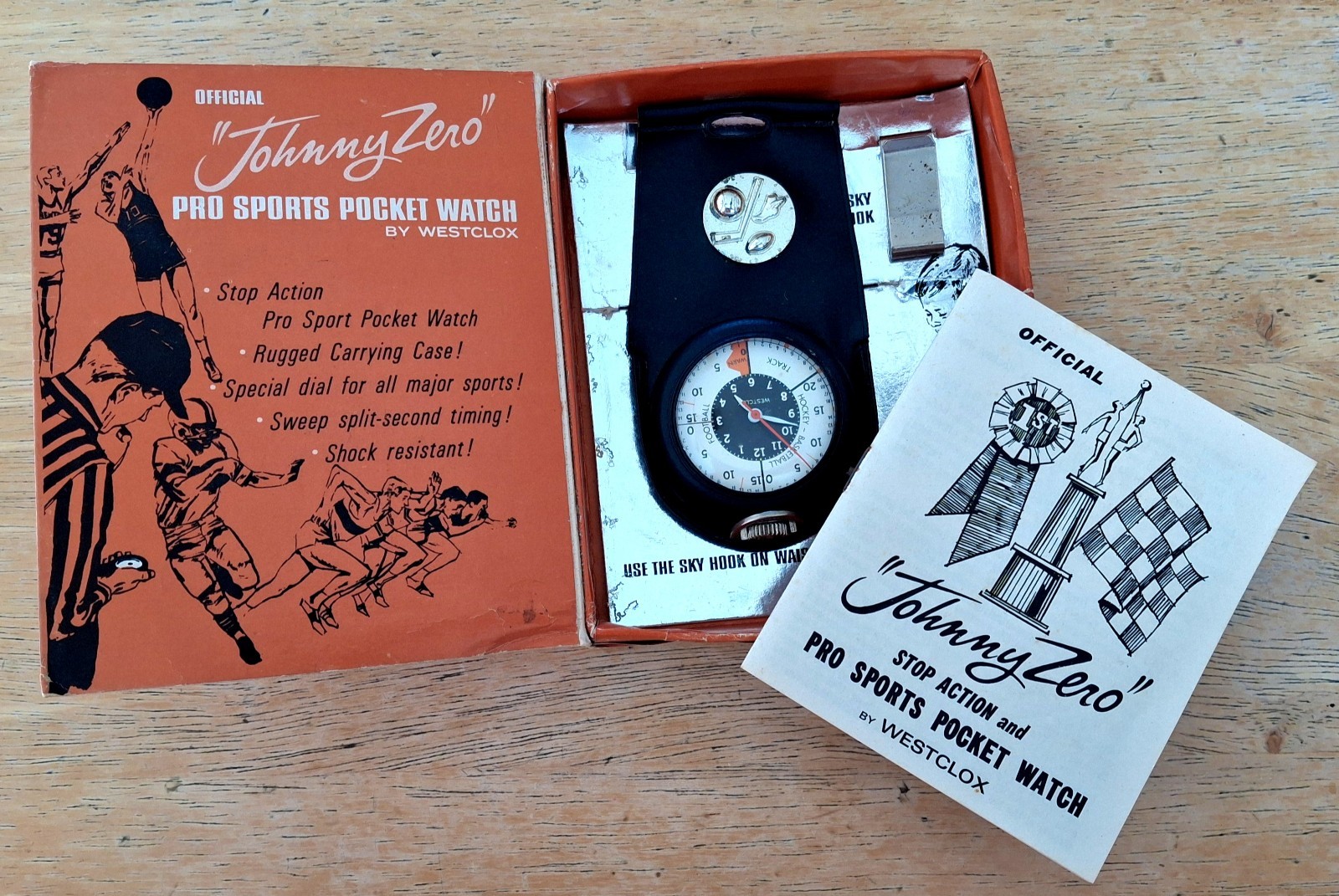 Vintage JOHNNY ZERO STOP ACTION POCKET WATCH Westclox w Box Instructions Runs