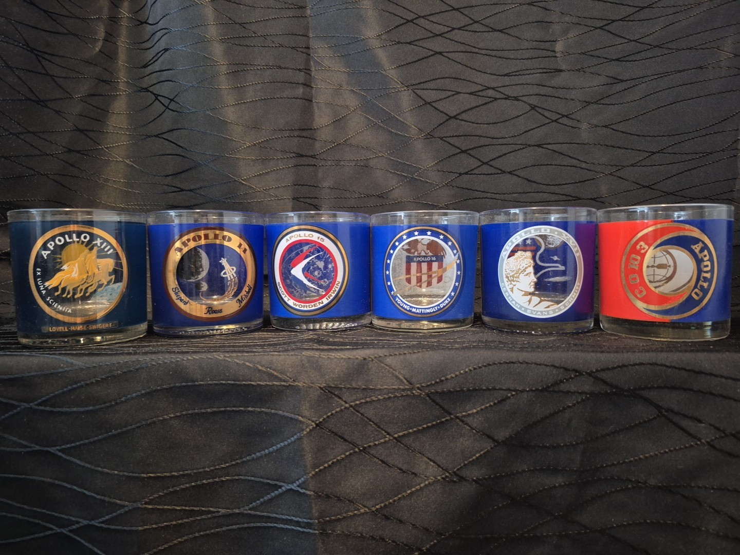 VTG Houze Art NASA Apollo Mission Glasses Set (6) Lowball Whiskey ASTP & 13-17 