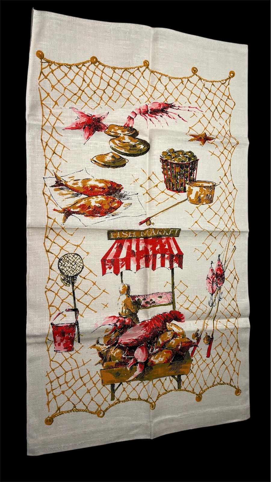 NWT Vtg MCM midcentury Fish Market lobster crustacean linen Print tea towel