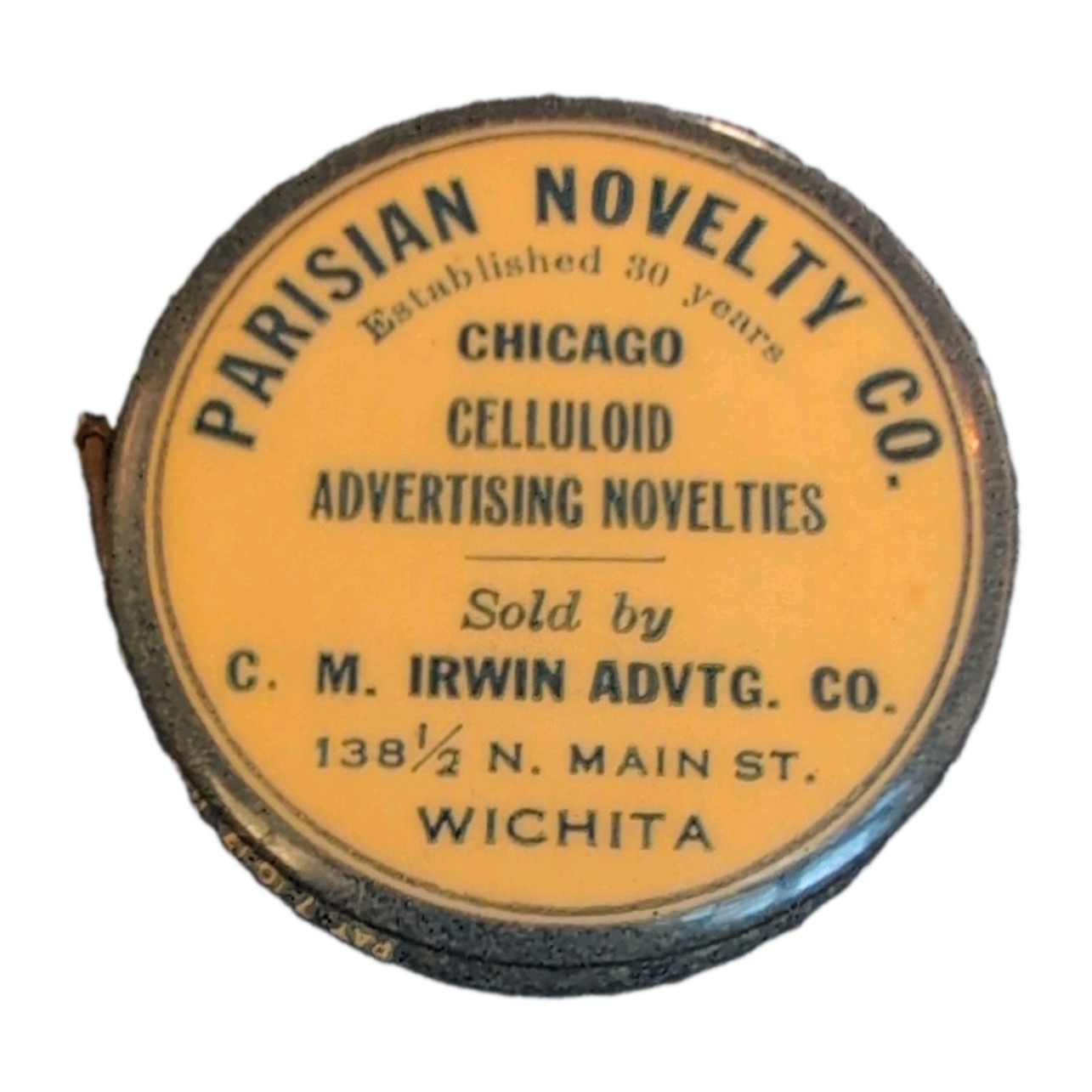 Antique Parisian Novelty Co. Celluloid Advertising Tape  measure Irwin Wichita