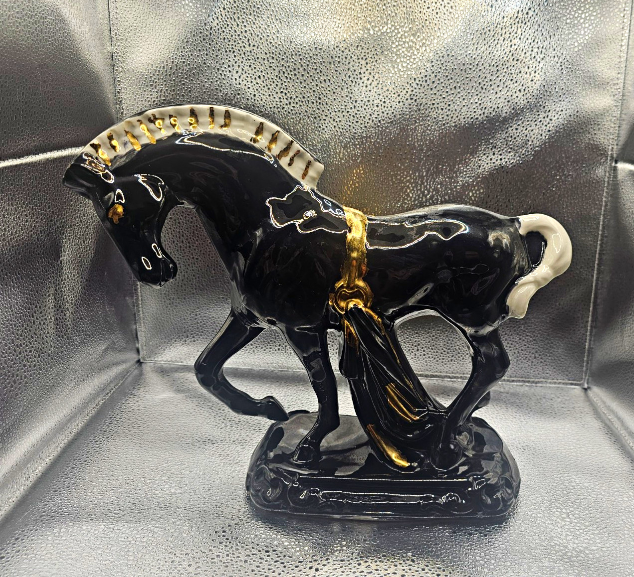 EMPIRE-VNTG-Black Porcelain Horse Figurine with Gold Accents-MADE IN JAPAN