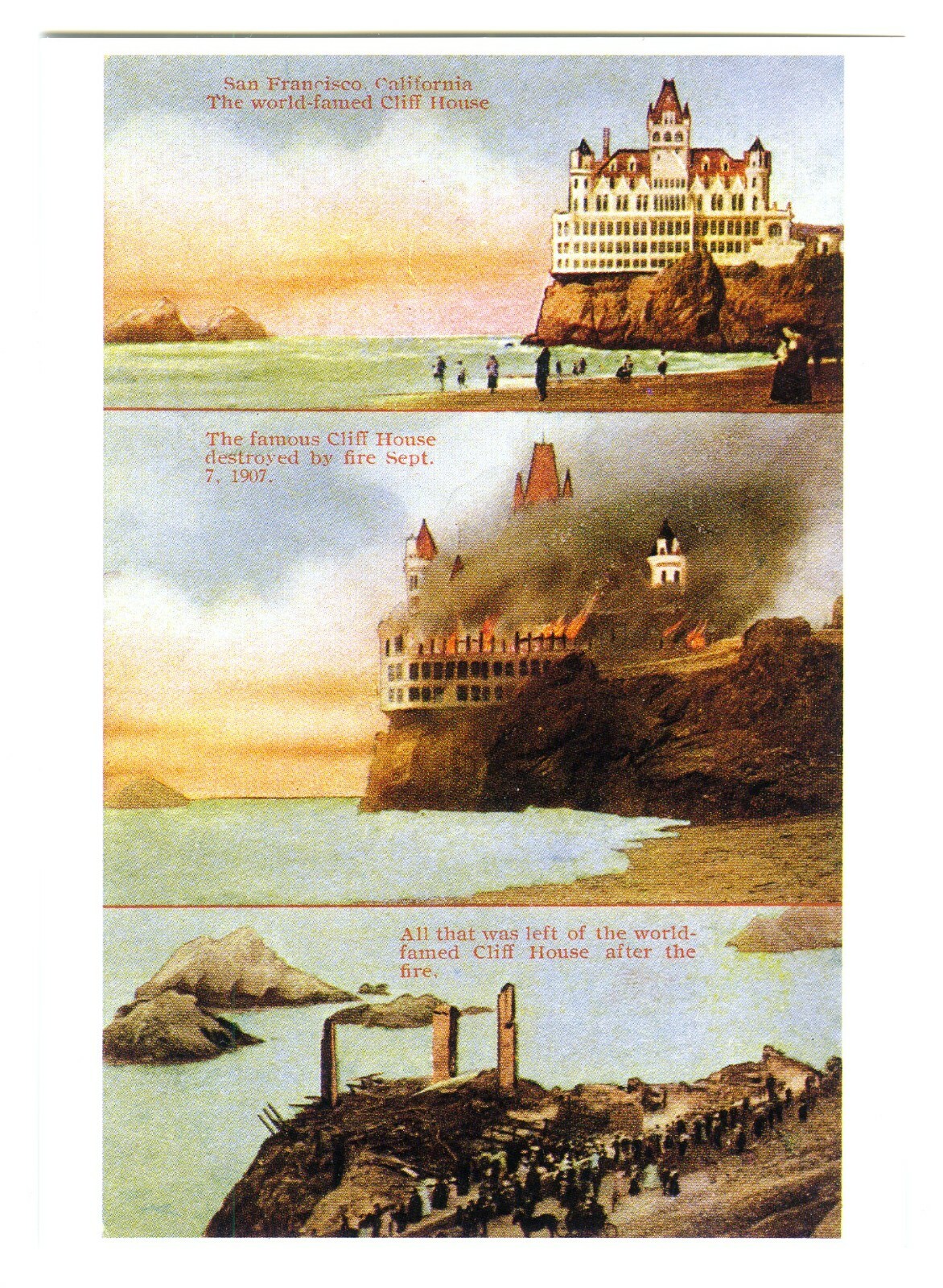 SEPT. 7, 1907 SAN FRANCISCO CLIFF HOUSE FIRE BURNING~NEW 1979 TRI-IMAGE POSTCARD