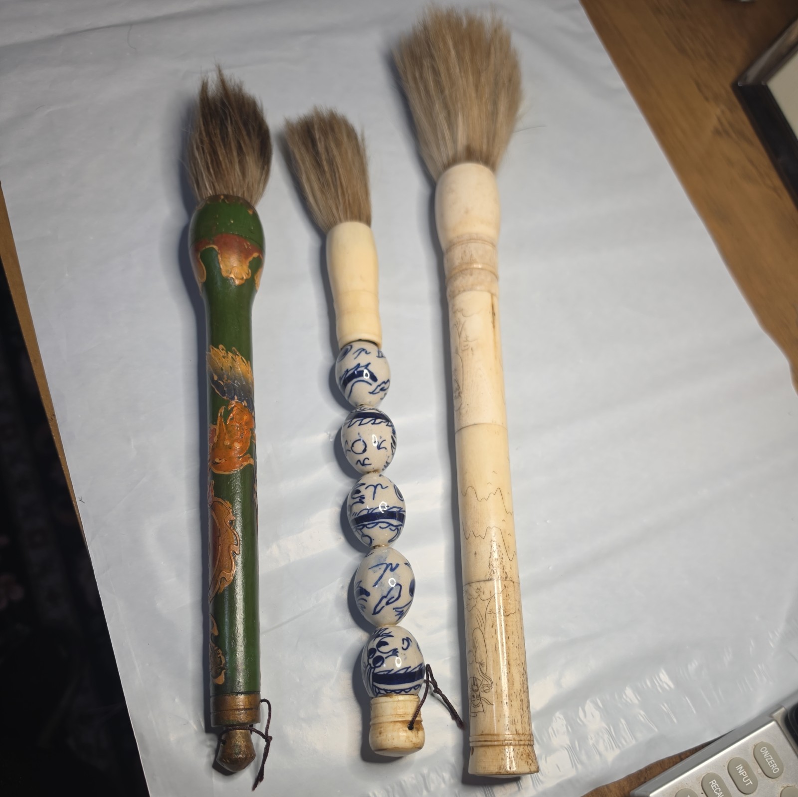 set 3 Vintage Chinese Calligraphy Brush Stone Beads Bone Handle Horse Hair