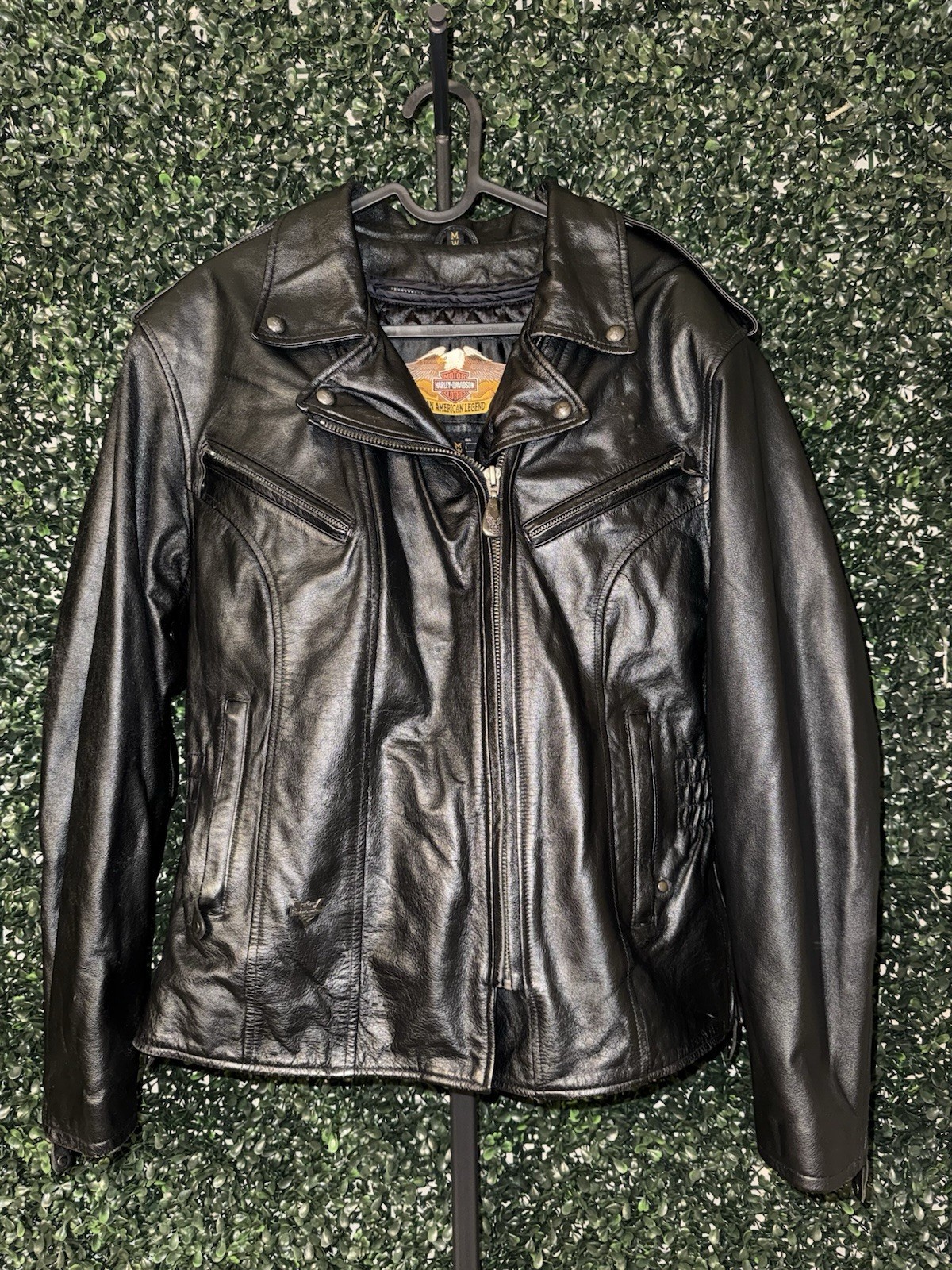 Women’s Vintage Harley Davidson Leather Jacket Jeweled Rose Patch Medium