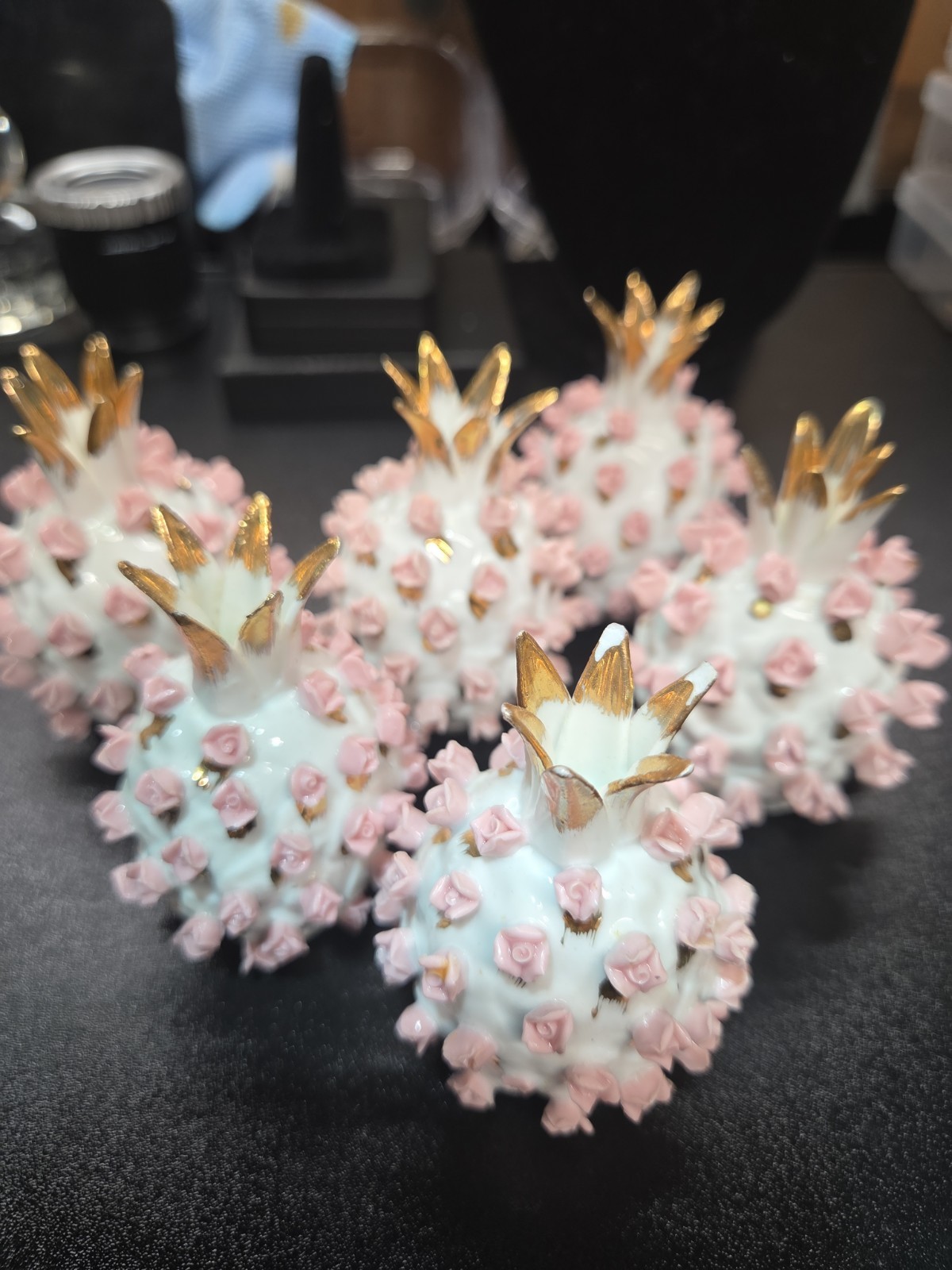 Lefton China Pineapple Salt Pepper Shaker Pink Roses Gold Tops Set of 6 # K3053 