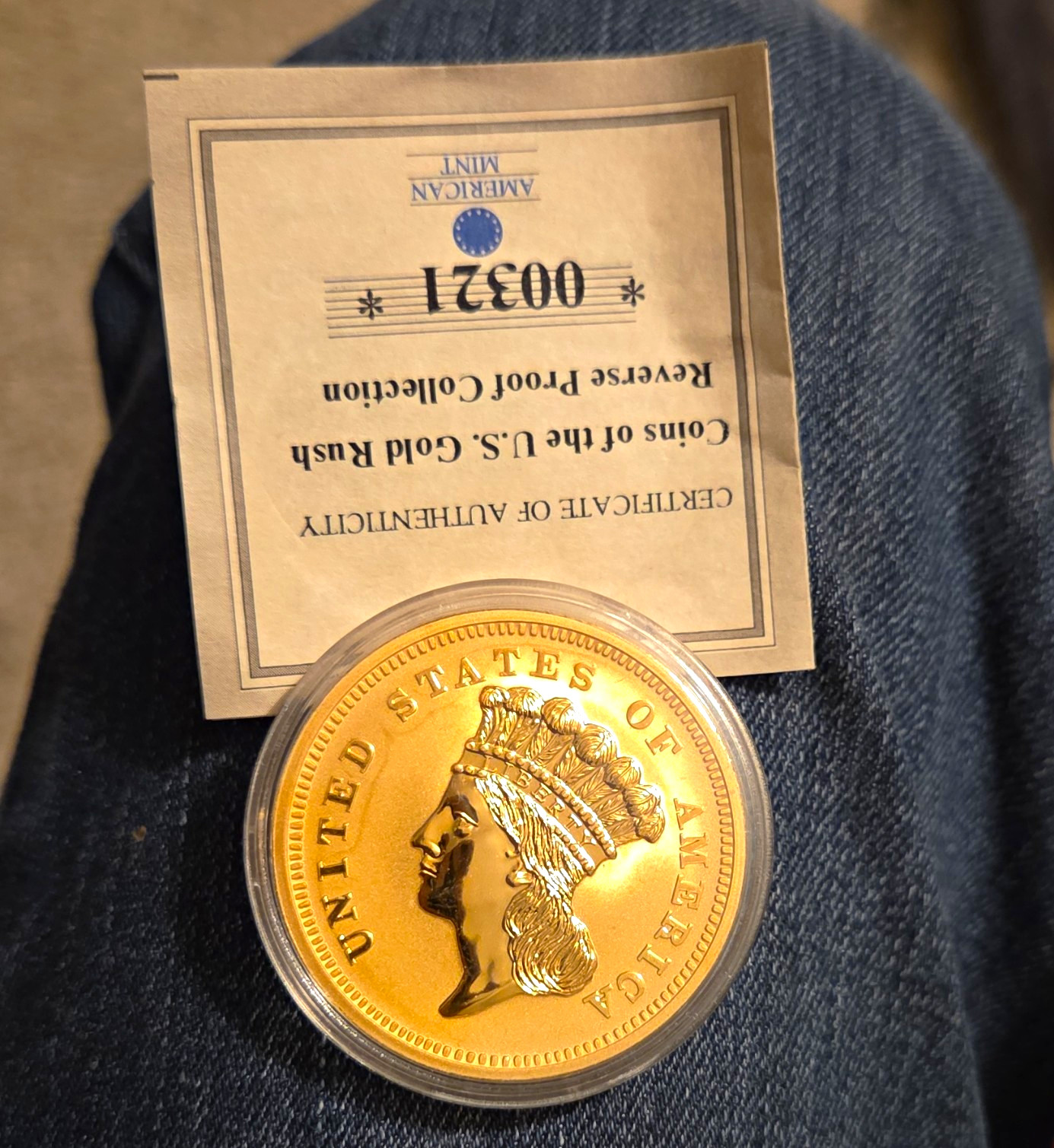 American Mint Gold Rush Reverse Proof 3 Dollars 1855 COA #00321