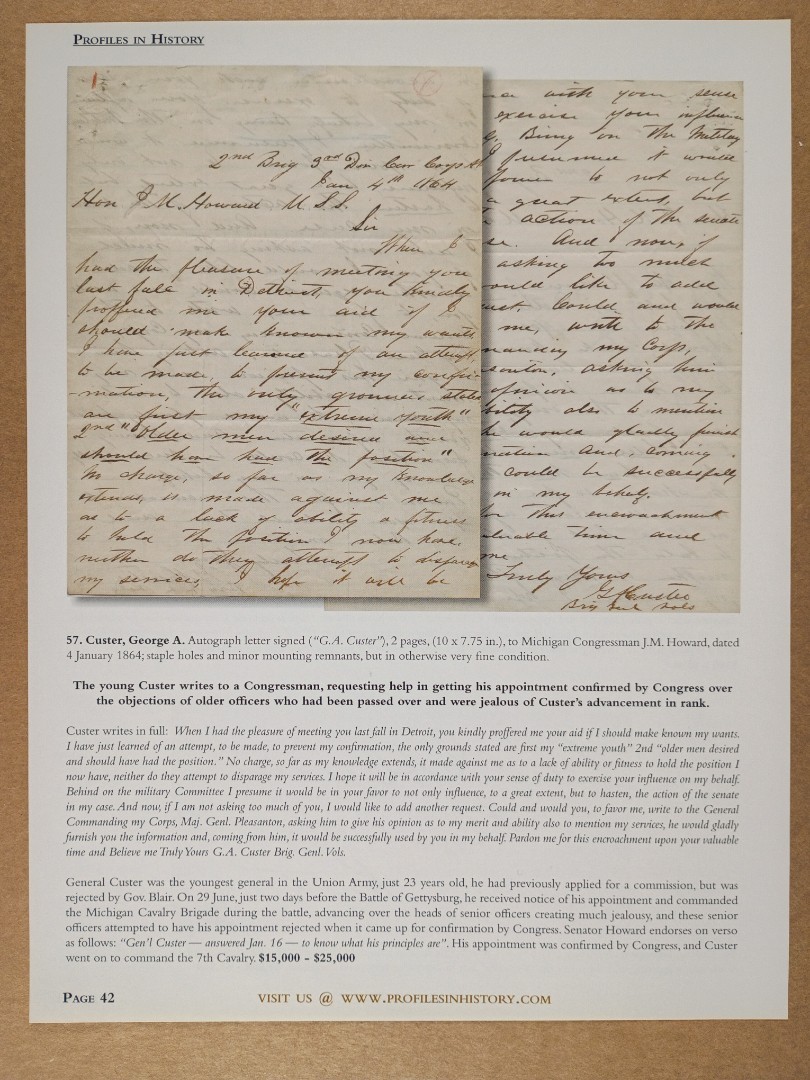 General George A Custer Letter to Congressman 2013 auction catalog page