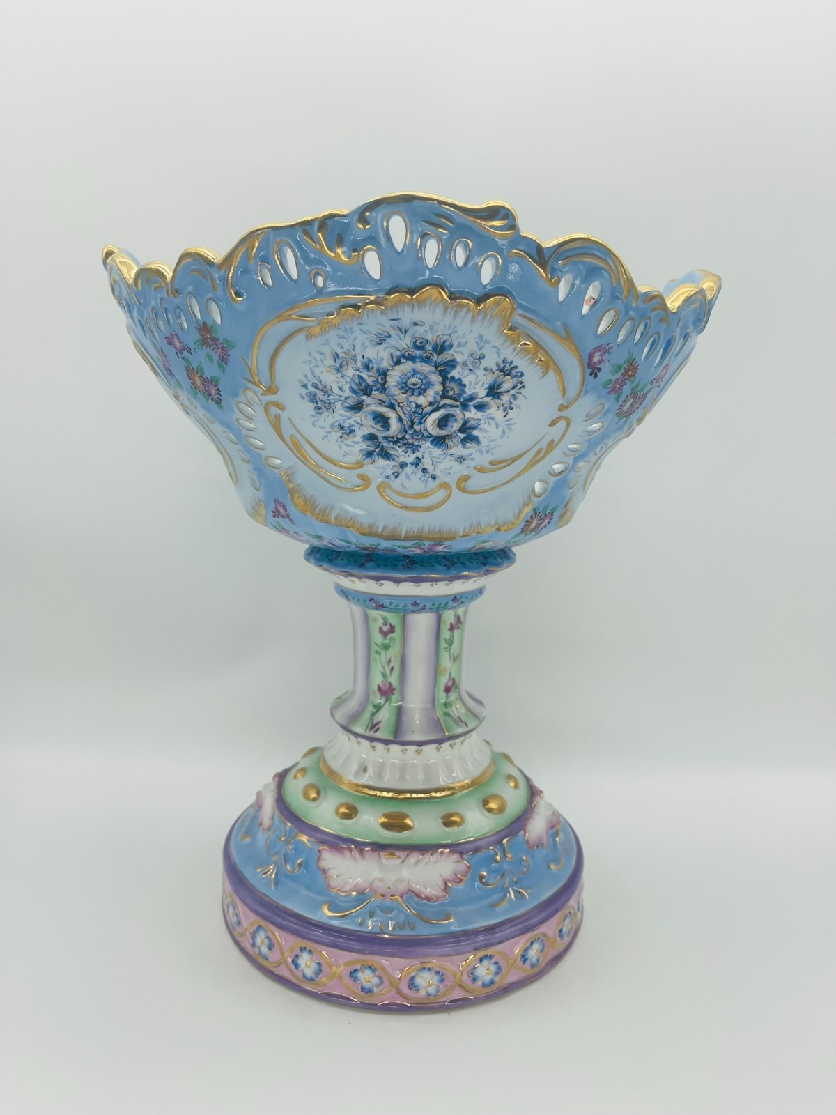 Vtg Huge RARE Dresden Porcelain Reticulated Cameo Compote