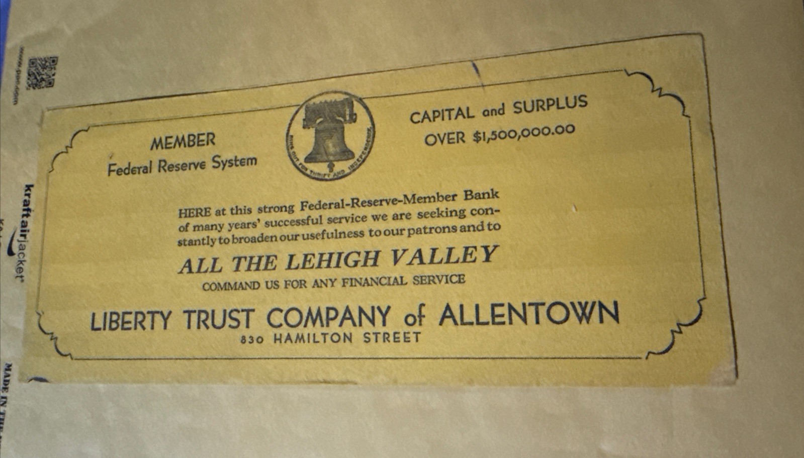 Vintage Liberty Trust Company of Allentown PA Advertising Card Early 1900s