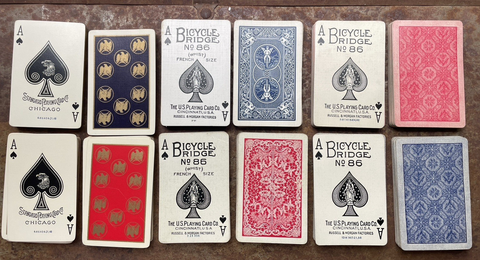 Lot 6 decks Antique c1920s Playing Cards, Bicycle Bridge 86, Standard PCC, 52/52