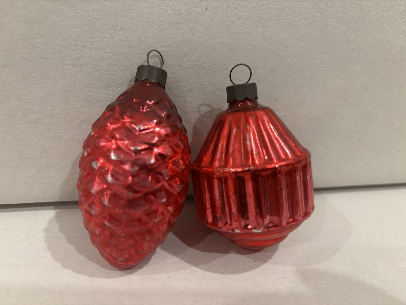 Vtg Corning USA Glass Christmas Ornaments Red Pinecone & Carousel Lantern 40s