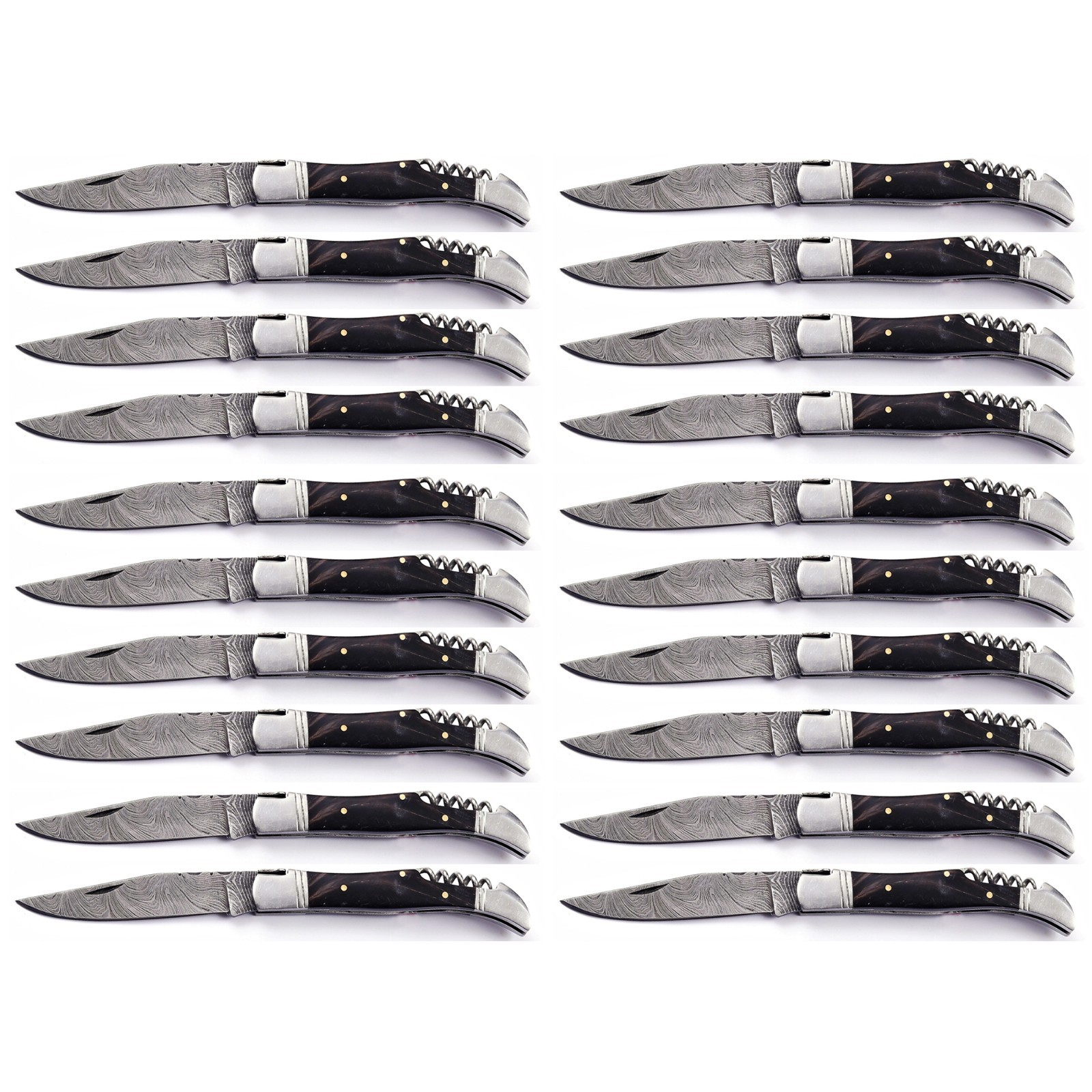 lots of 20 Damascus steel back lock pocket knives with leather sheath bull horn