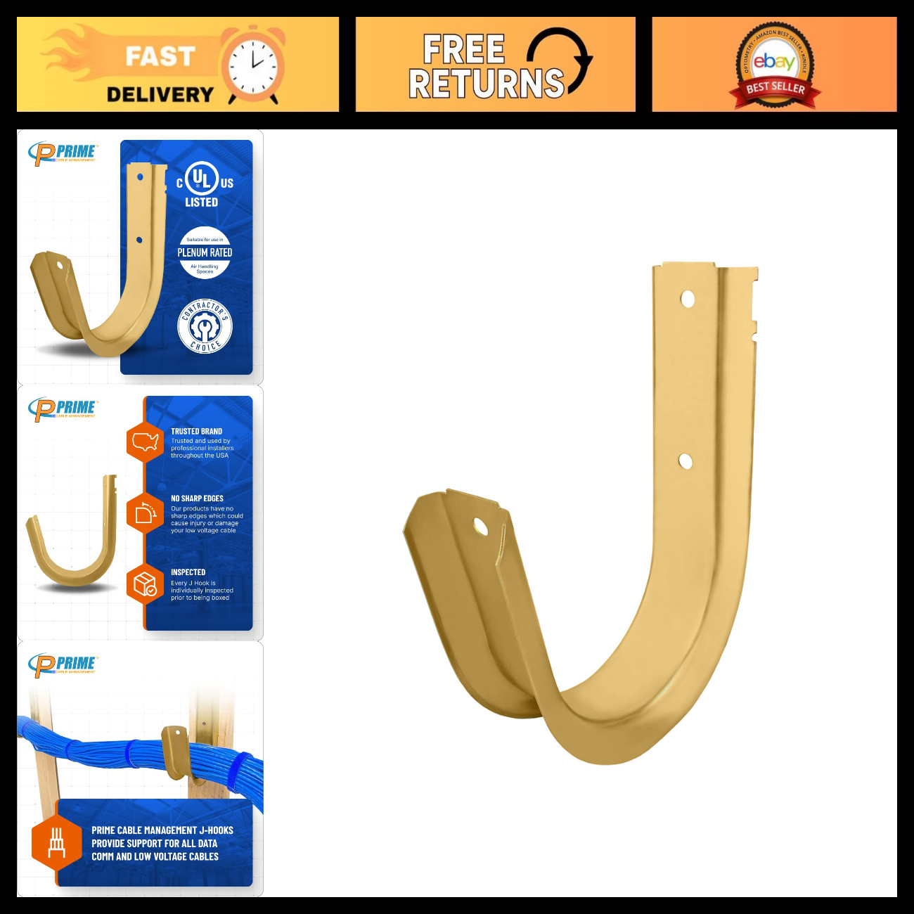 4 Inch Heavy Duty Metal Cable & Wire Support J-Hook Hangers for Wall Mounting &