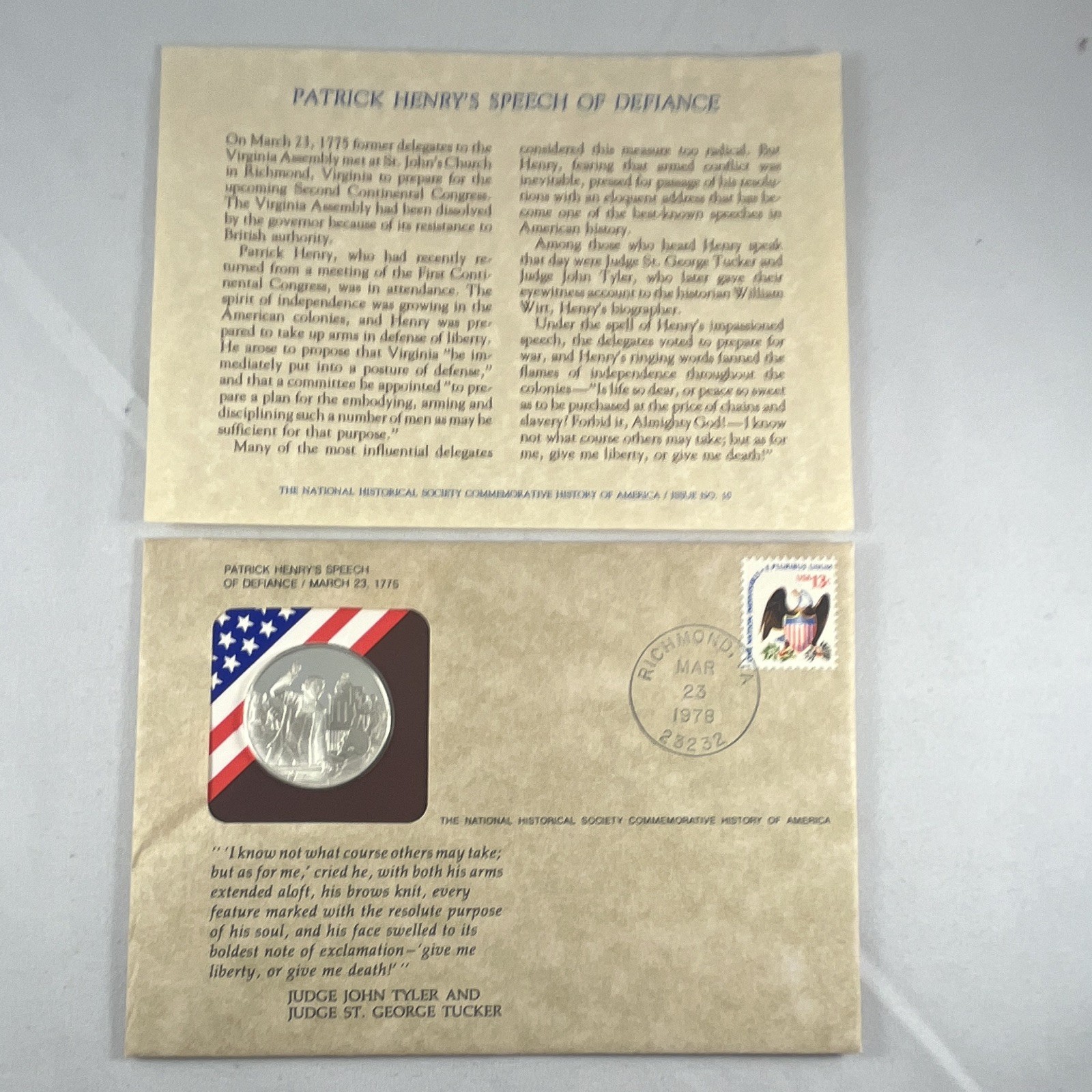 Franklin Mint Patrick Henry\'s Speech of Defiance Cachet Cover w/ Coin.