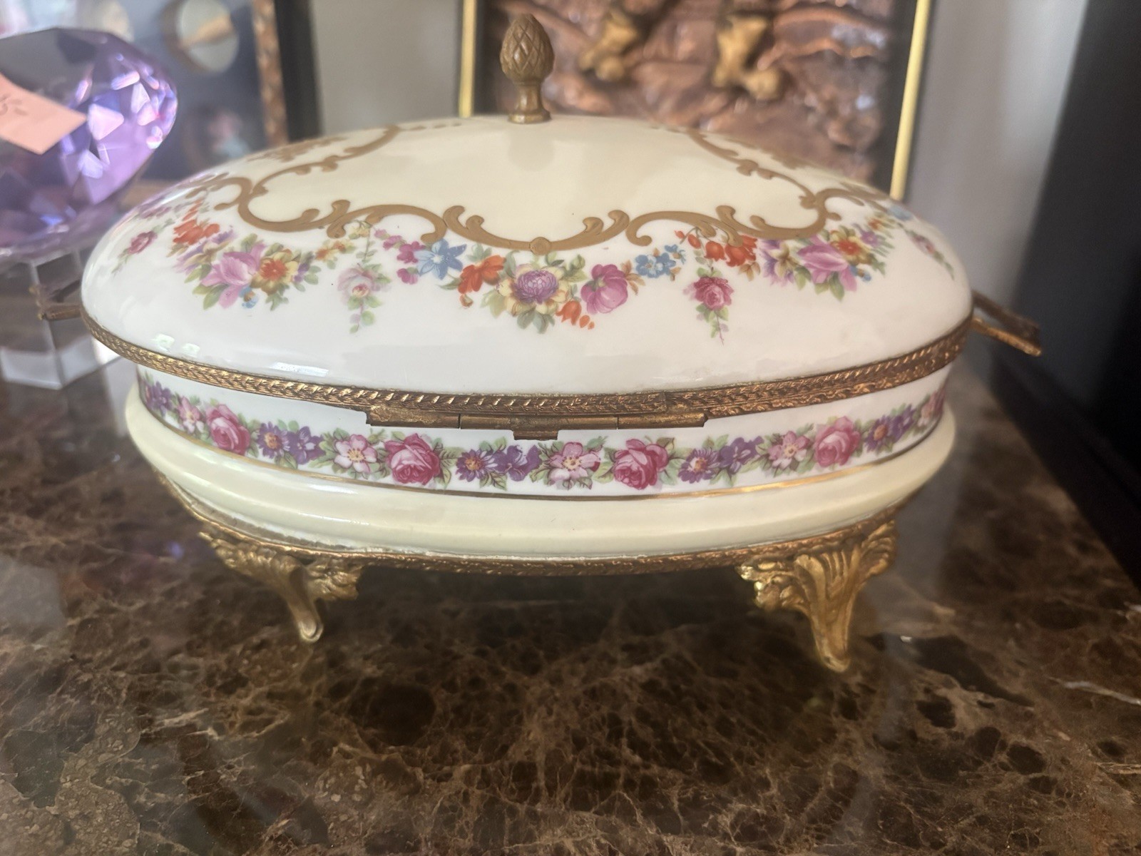 Antique French Hand Painted FBS Bronze Floral Dresser Trinket Jewelry Box Floral