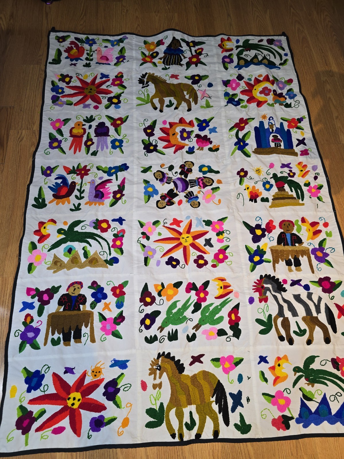 Vintage Hand Embroidered Mexican Otomi Beautiful Vibrant Colors Tapestry Blanket