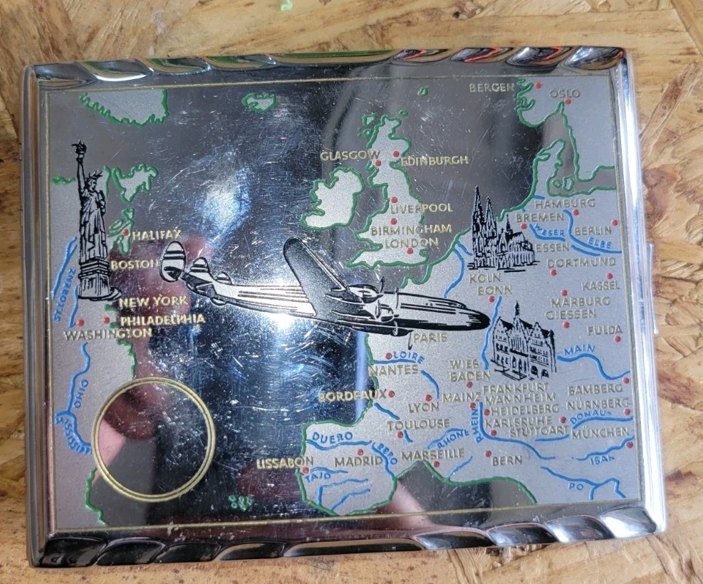 Vintage Rare 1950s Ibelo Monopol Cigarette Cig Case Holder Vintage Aviation Map