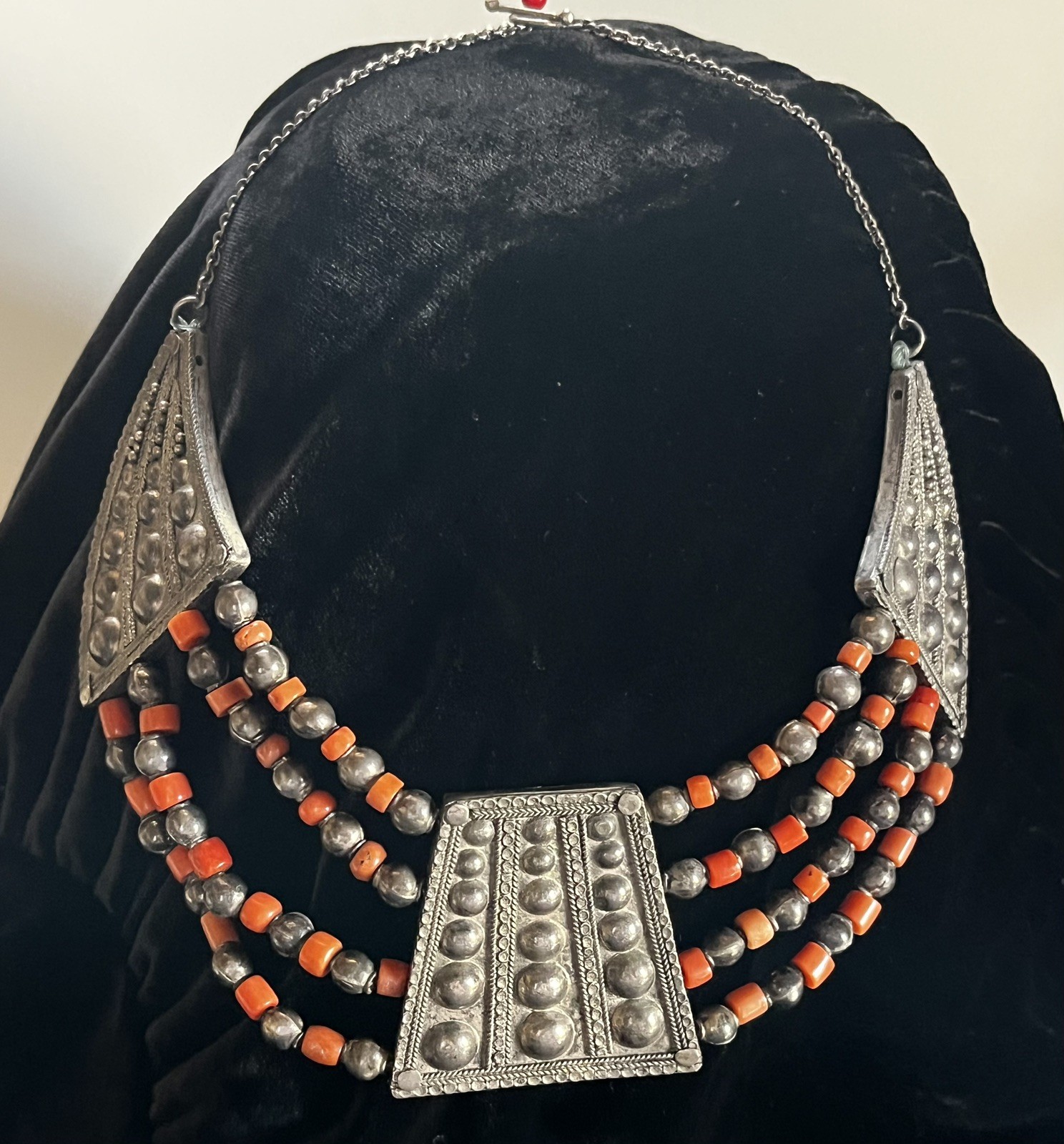 Antique Silver Yemenite Coral Necklace Tribal Jewish Wedding Filigree