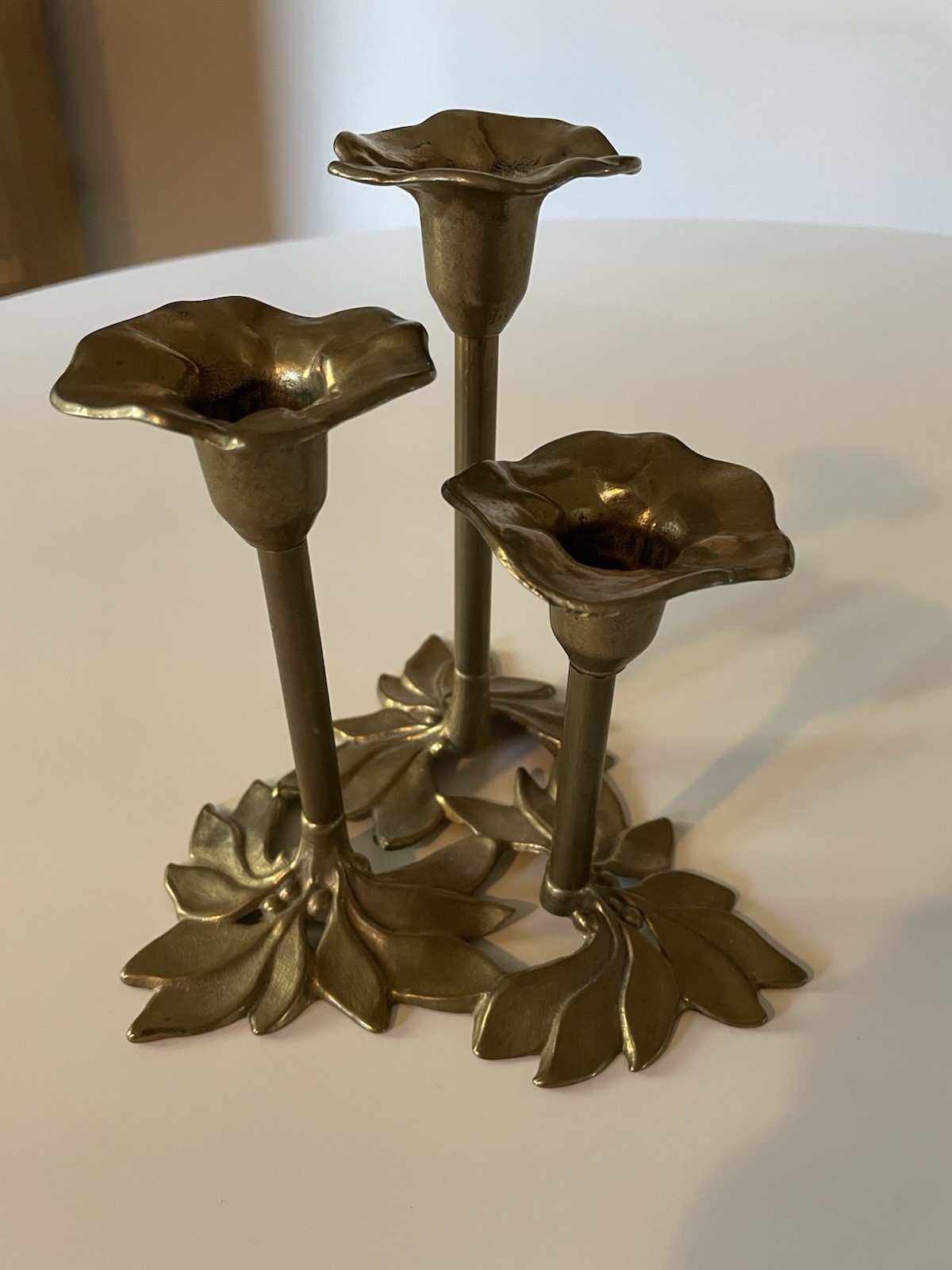 Art Deco Triple Brass Candlestick Holder 3 Flame (Vintage) Leaf Design
