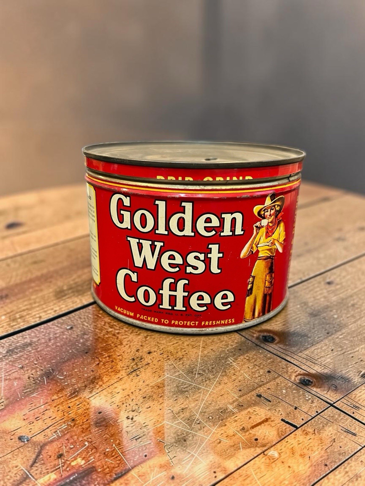 Vintage 1930s Golden West Coffee 1 Lb Tin Can Litho Cowgirl Sign Portland Oregon