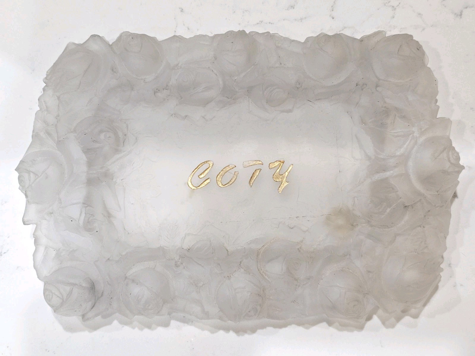 Vintage Raised Rose Frosted Glass Coty Dresser Tray Perfume Tray
